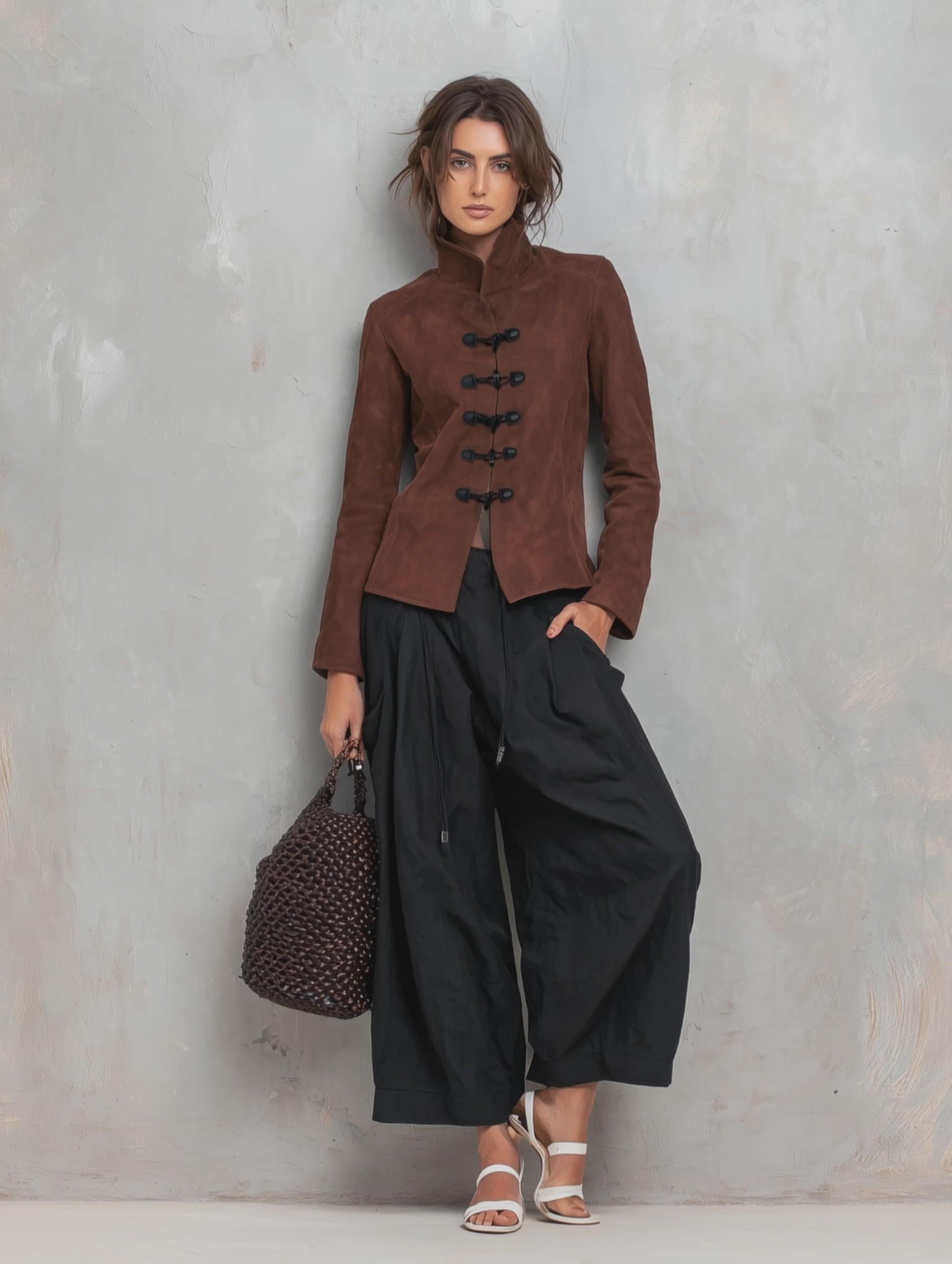 Women's Casual 2-Piece Set Brown Suede Long-sleeve Jacket And Black Woven Trousers MDZ2956G0LXY