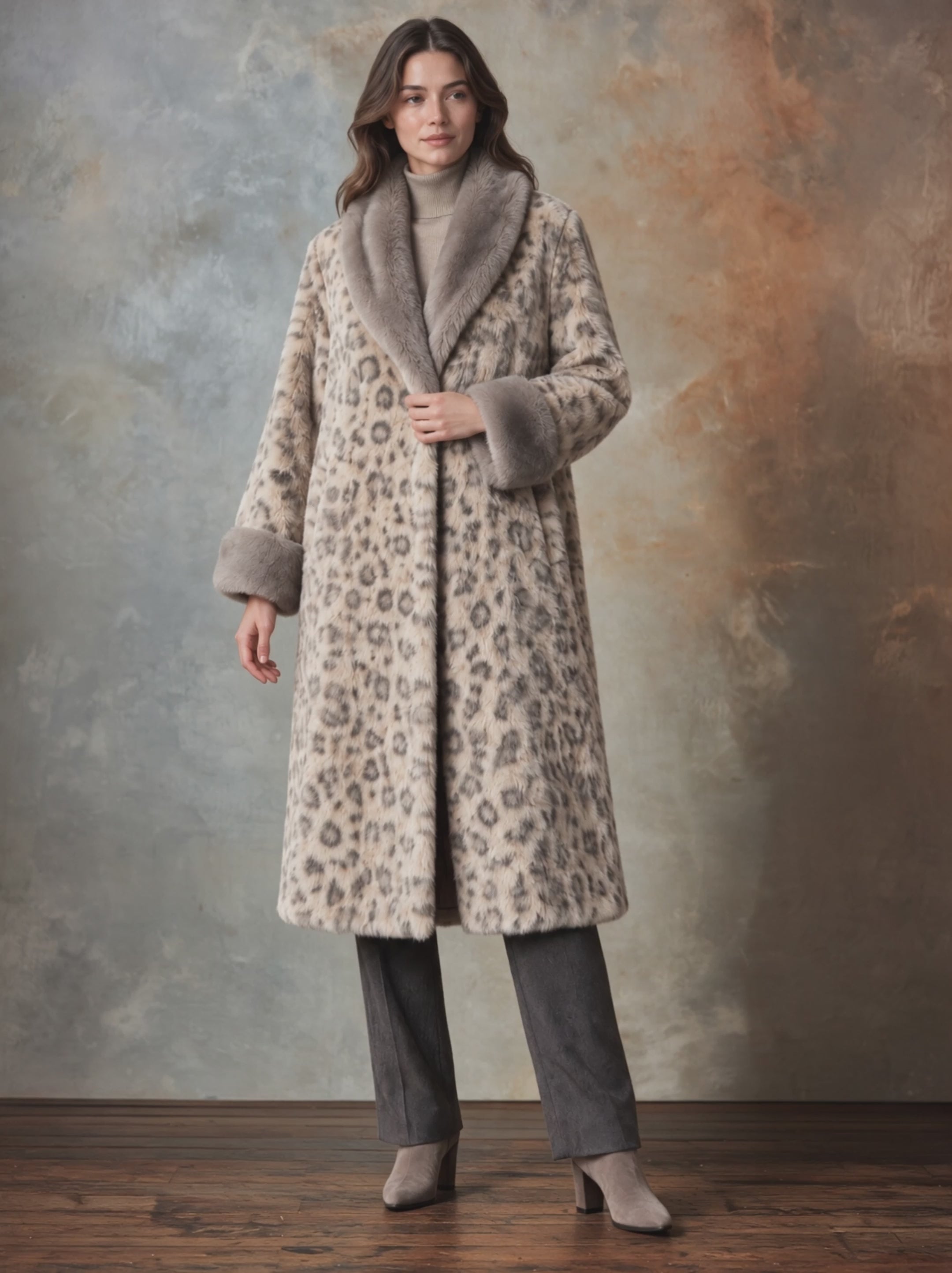 Women's Long Faux Fur Coat With Contrasting Collar And Leopard Print
