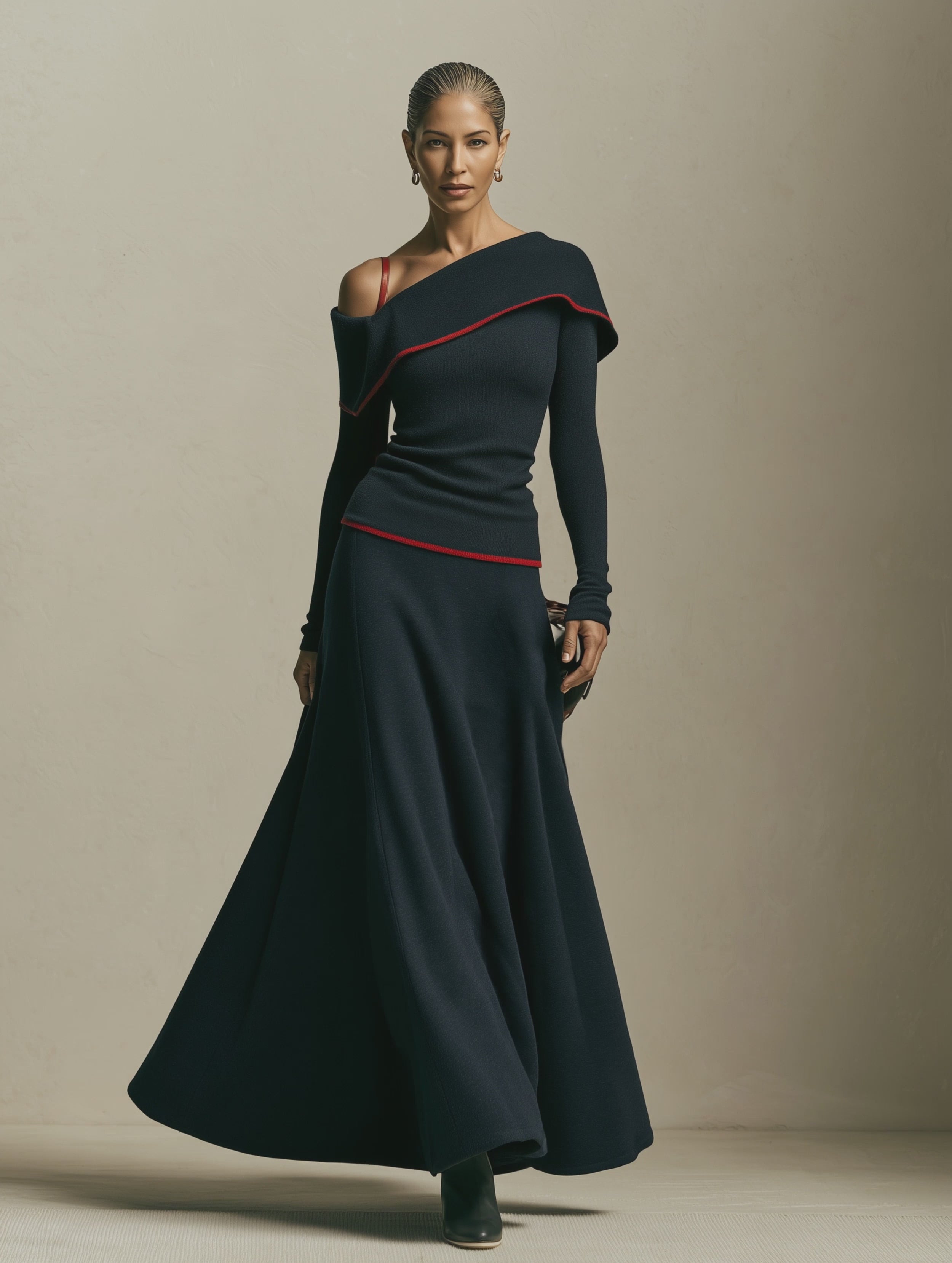 Women's Black Asymmetric Shoulder Knit Top & A-Line Maxi Skirt Set