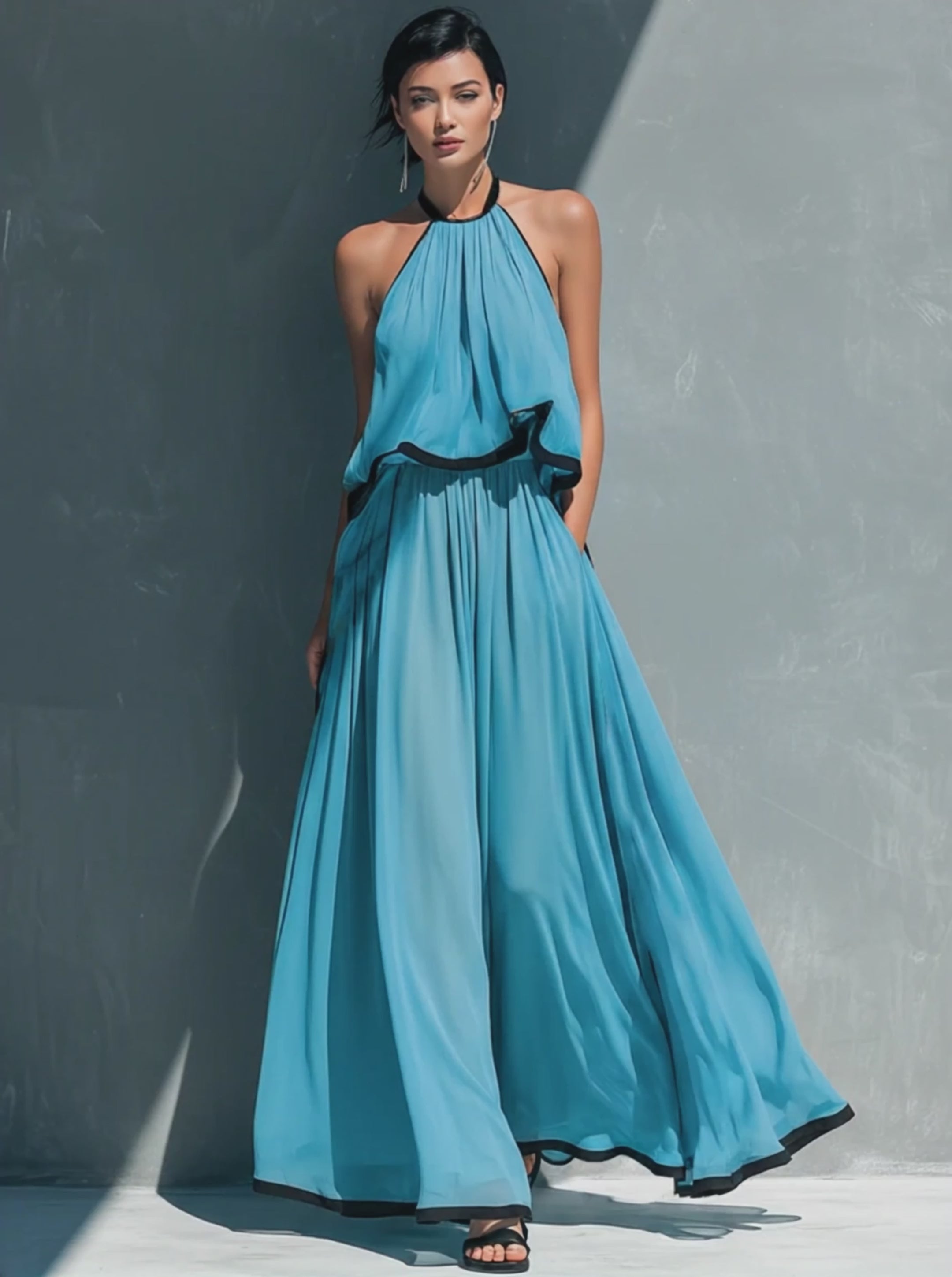 Women’s Sky Blue Chiffon Halter Neck Ruched Contrast Trim Crop Cami Top And High-Waisted Chiffon Flared Trousers Set MDZ1399D9T