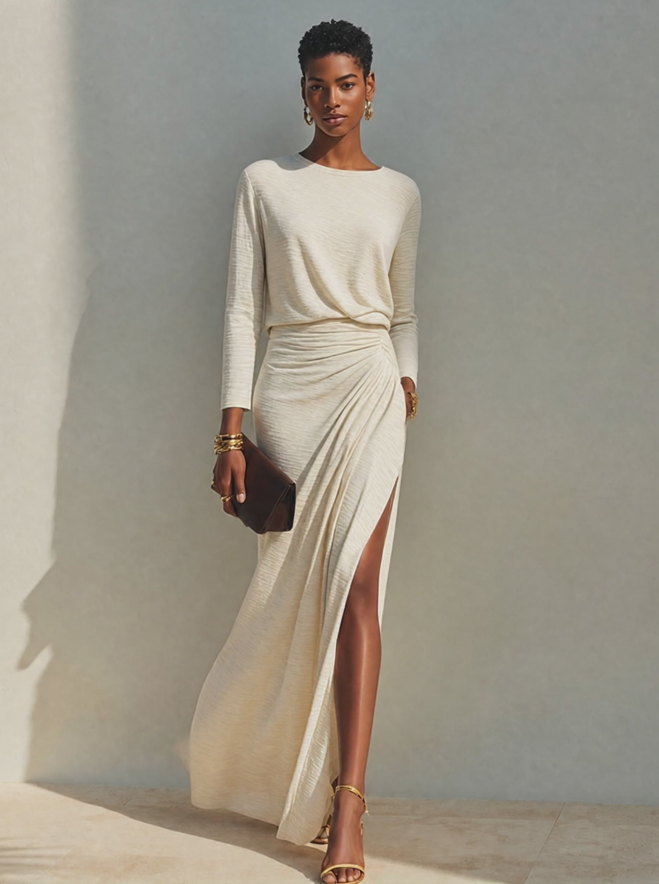 Women's Beige Cotton-Blend Crew-Neck Ruched Slit Maxi Dress MDZ2273G6ZRK
