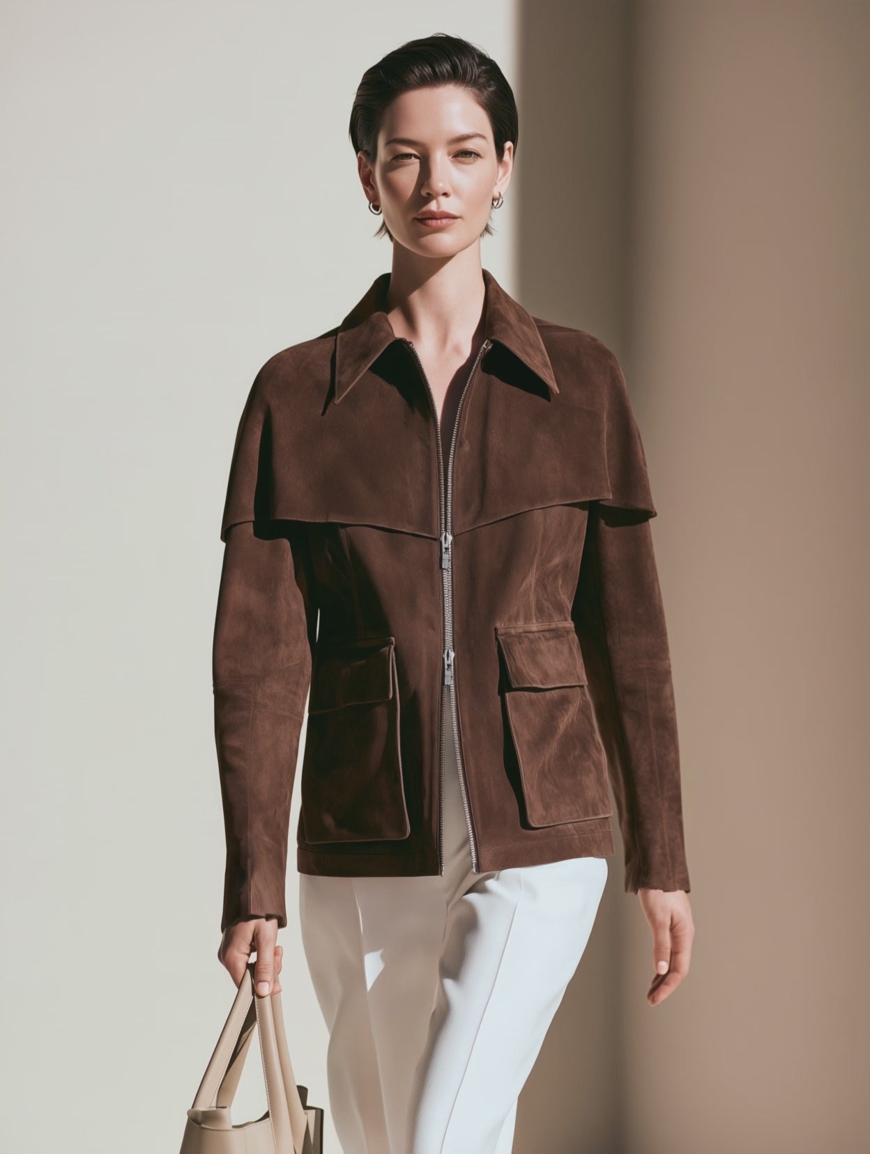 Women's Cape Detail Brown Zip Front Jacket