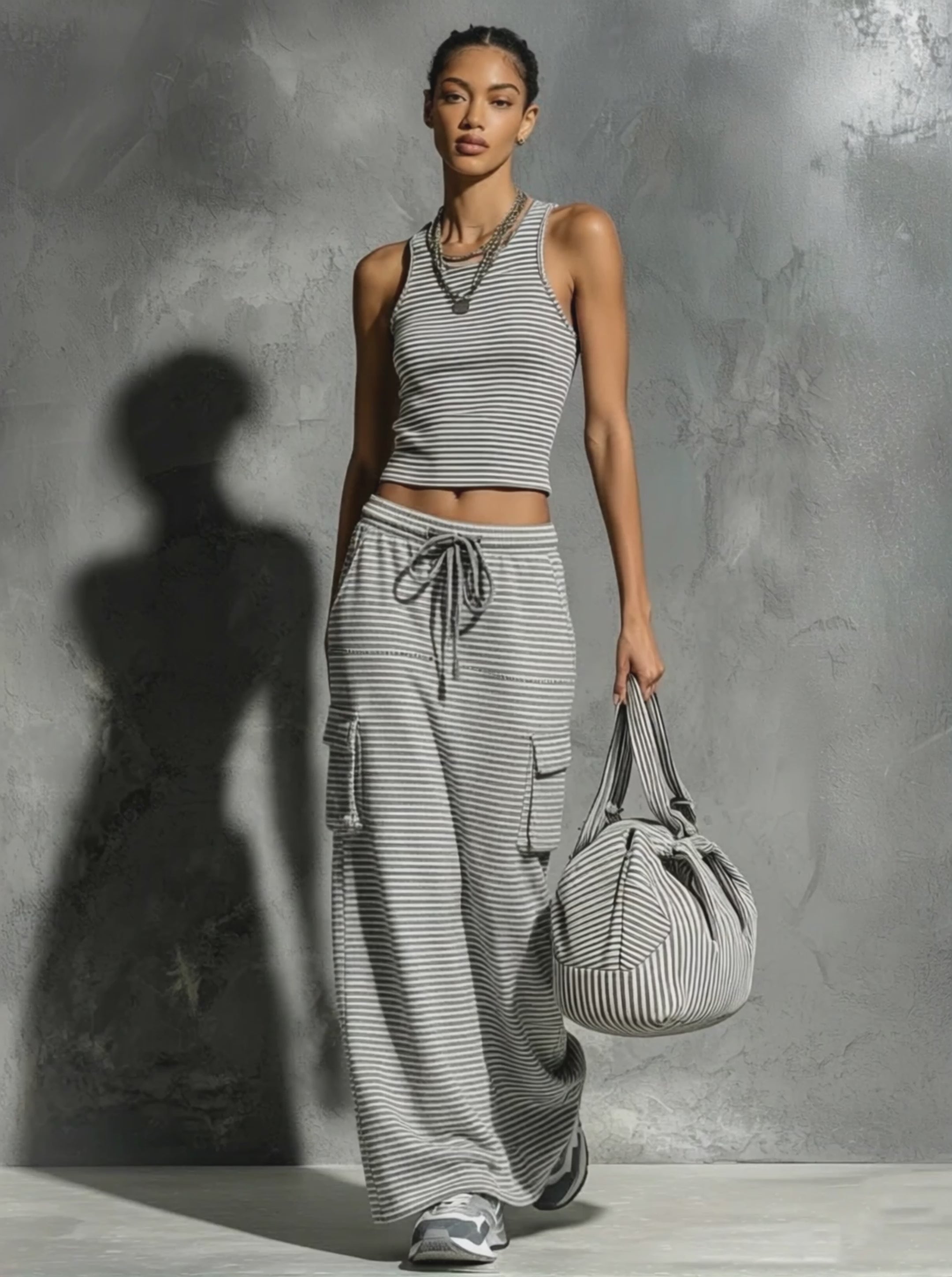 Women's Minimalist Sporty-Casual Striped Tank Top & Drawstring Straight Skirt Set MDZ3046D0Y