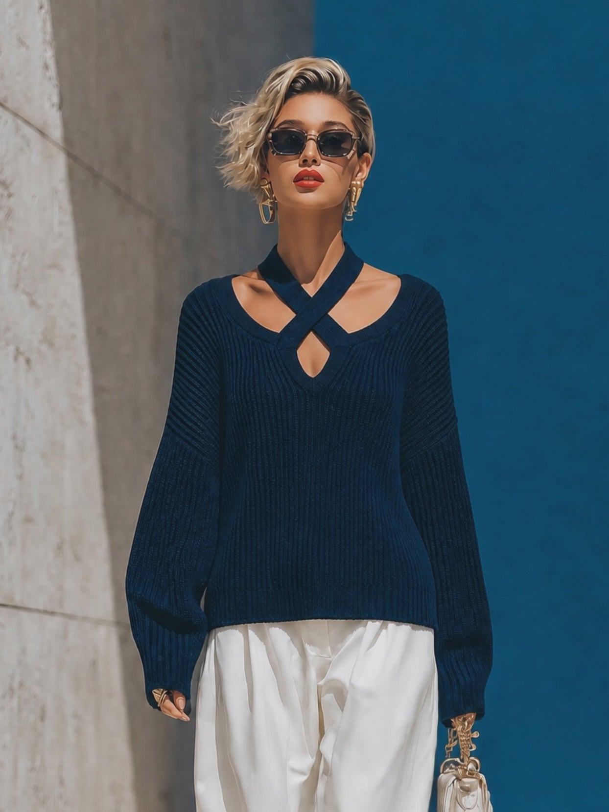 Women's Crisscross Cutout Ribbed Navy Sweater MDZ0331I0YZJ