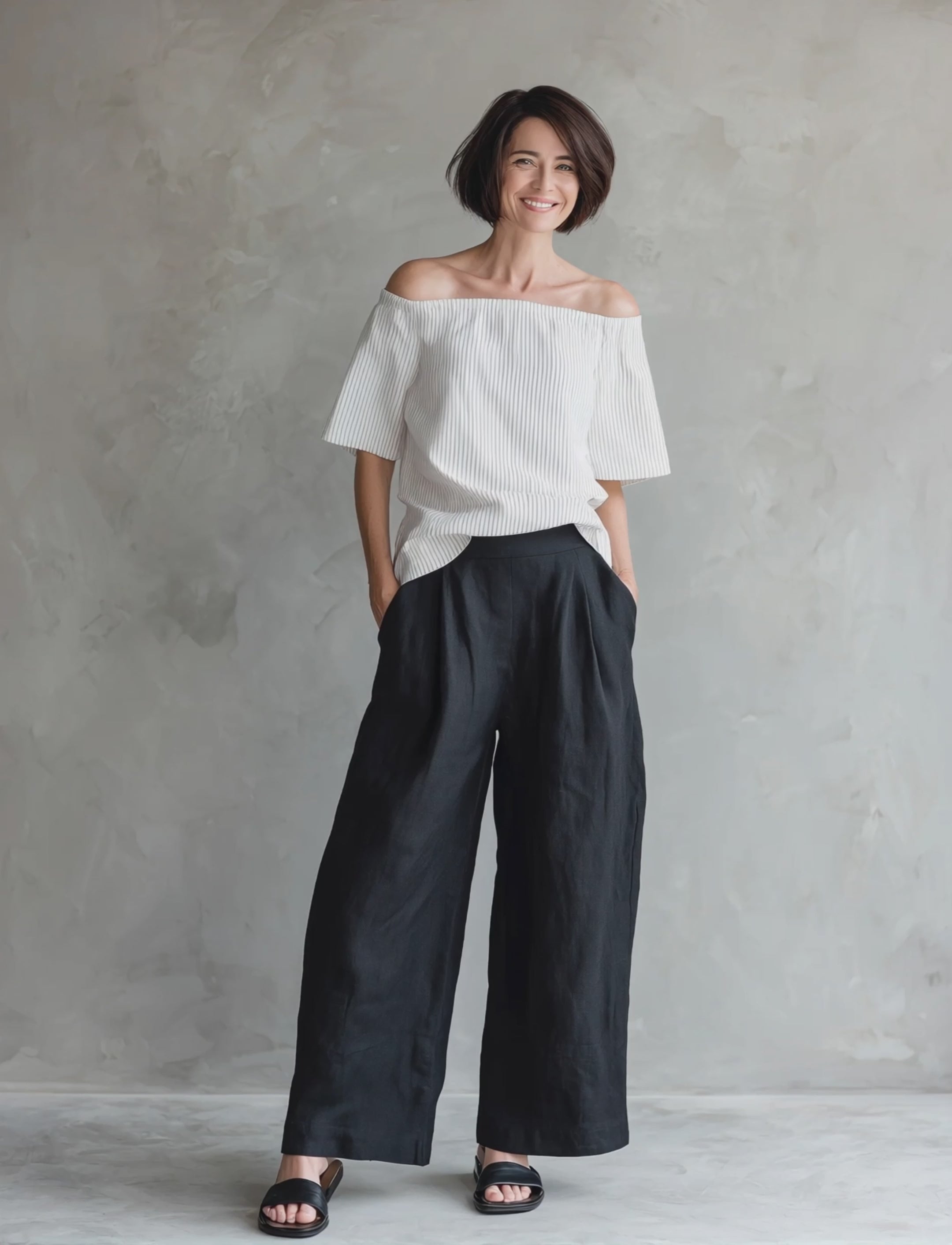 Women's Minimalist Linen-Blend Striped Off-Shoulder Blouse & Wide-Leg Pants Set MDZ1273E4Y