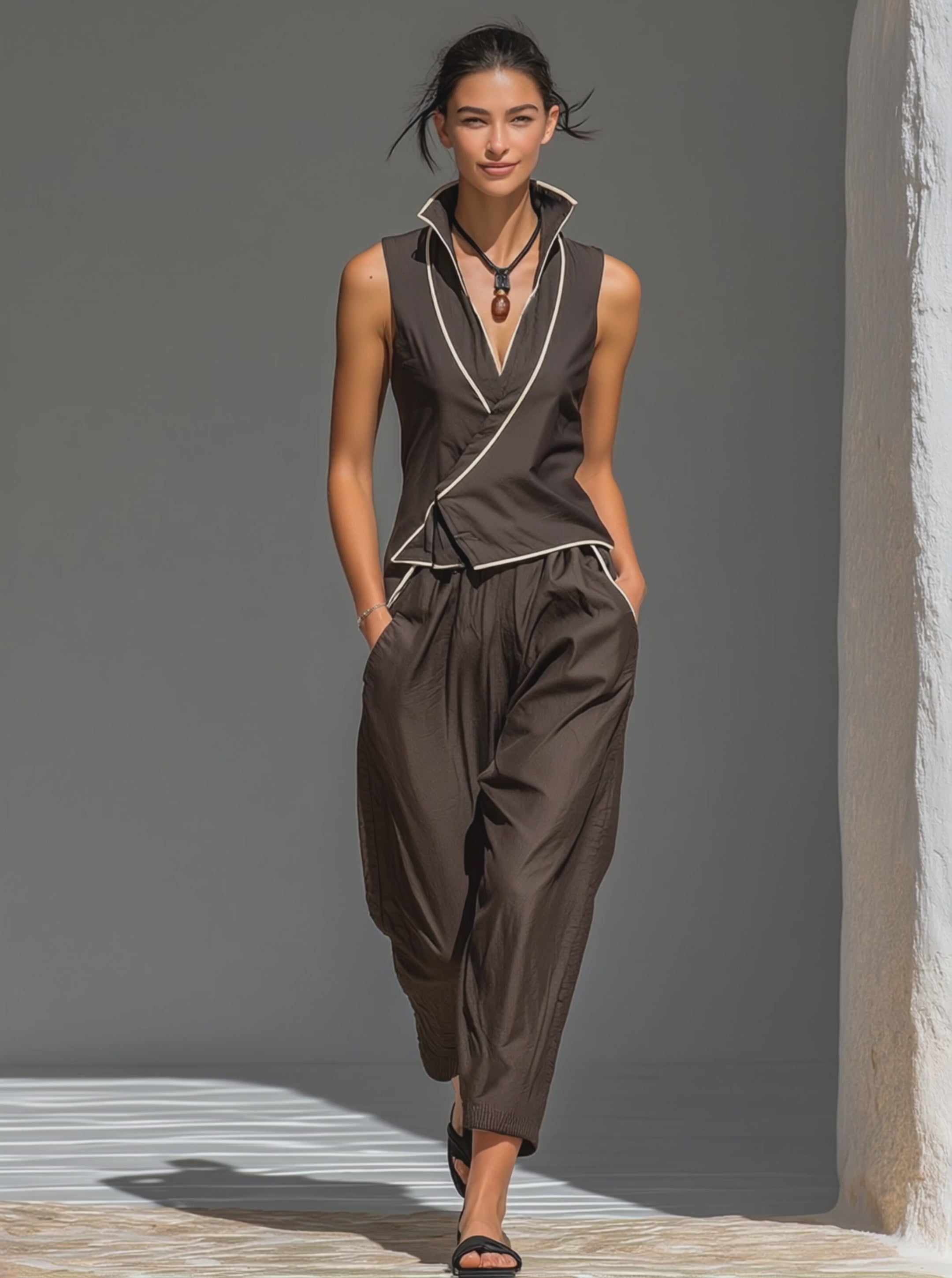 Women's Dark Brown Cotton-Blend Two-Piece Set With Contrast Piping Wrap Vest & Elastic Cuff Harem Pants, Minimalist Casual Resort Outfit MDZ0411F9LYL