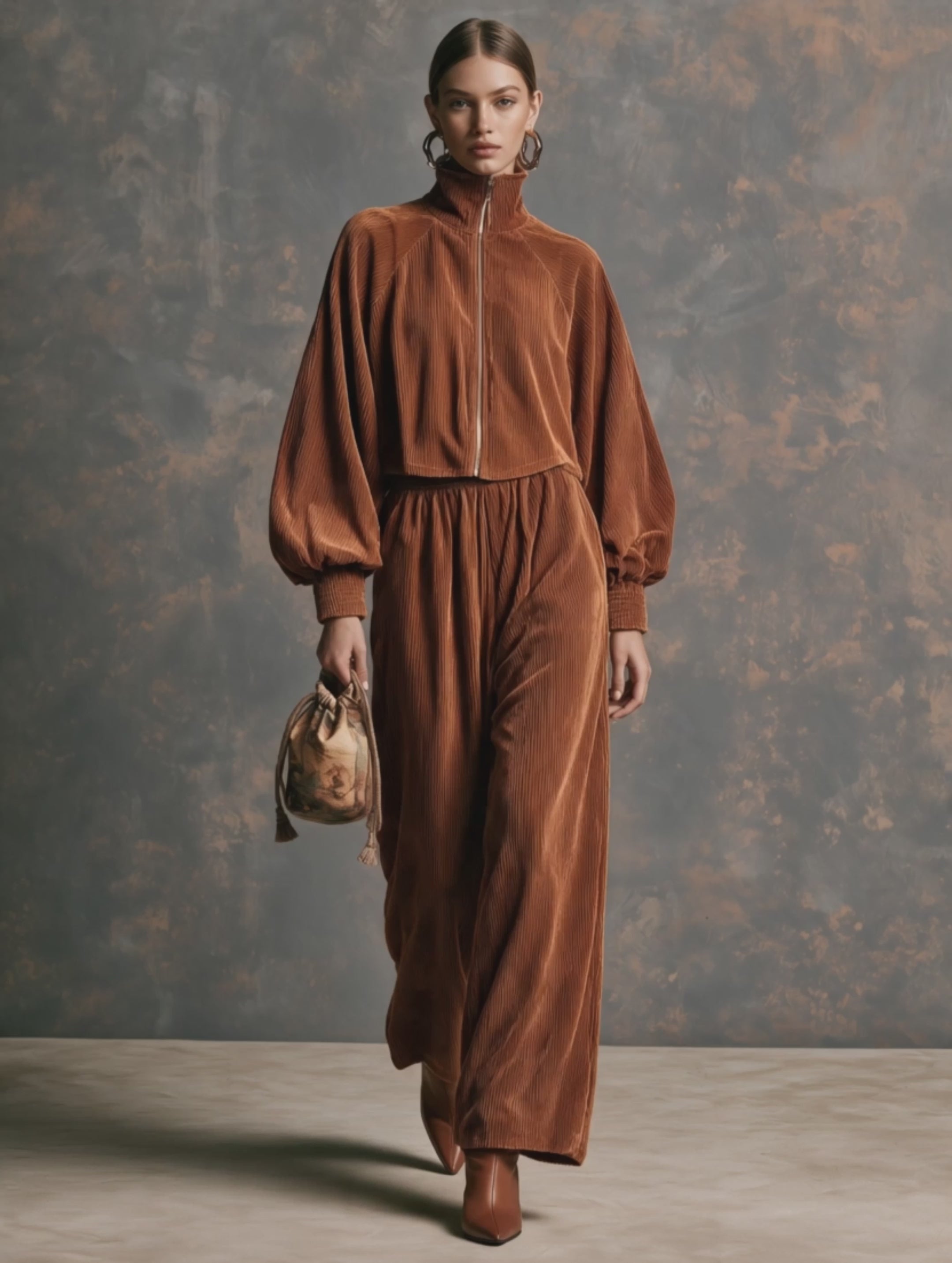Women's Caramel Brown Corduroy Elastic Waist Wide-Leg Pants