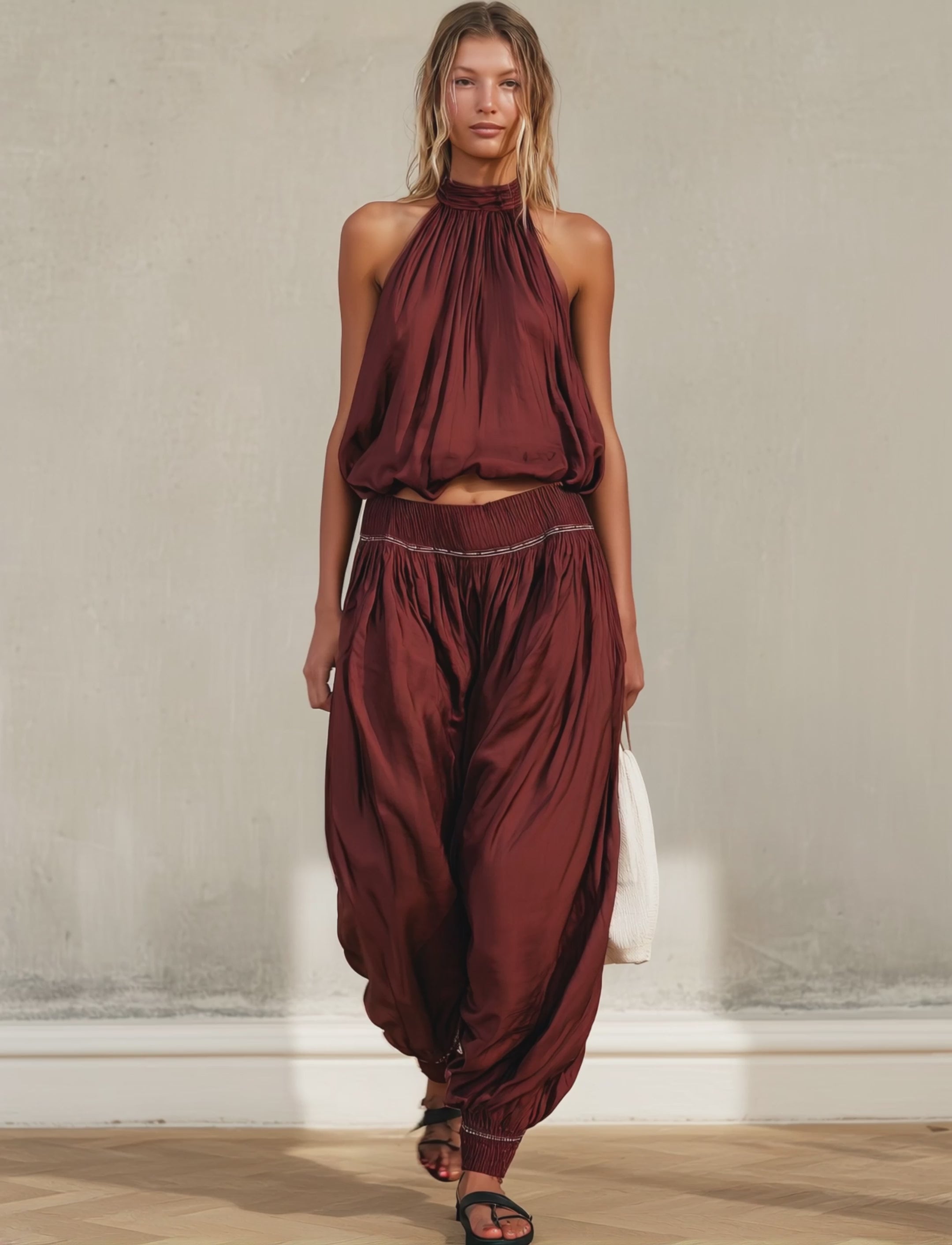 Women's Casual Deep Red Satin Sleeveless Halter Top With Trousers MDZ1945E1LXY