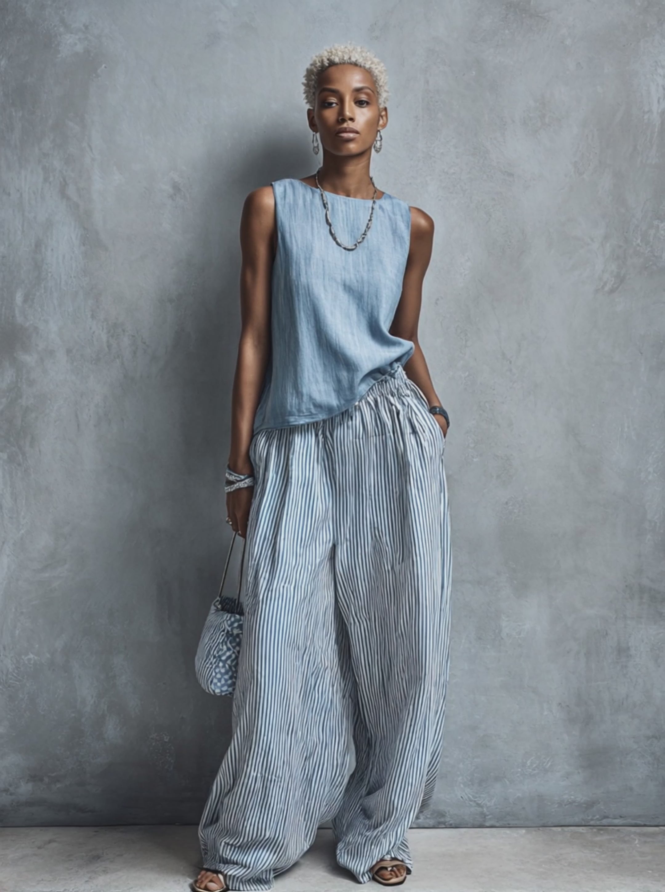 Women's Casual Light Blue Linen-Cotton Crew Neck Sleeveless Top And Blue-White Striped Elastic Waist Wide-Leg Pants Set MDZ2976E9GMJ