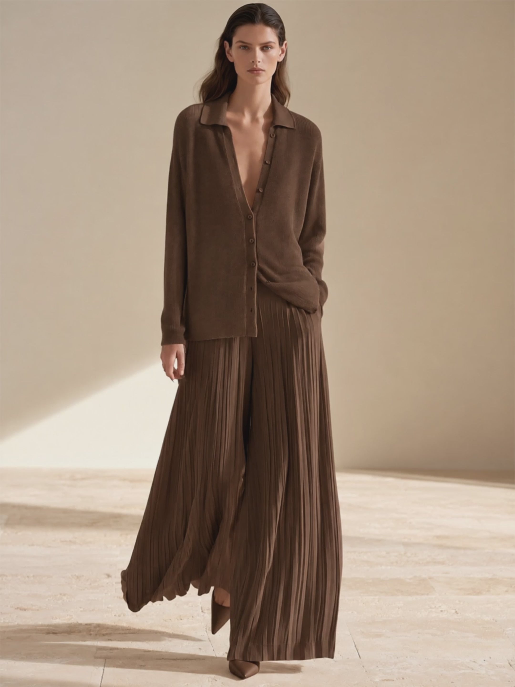 Women's Relaxed Knit Pleated Set Brown Office Wear