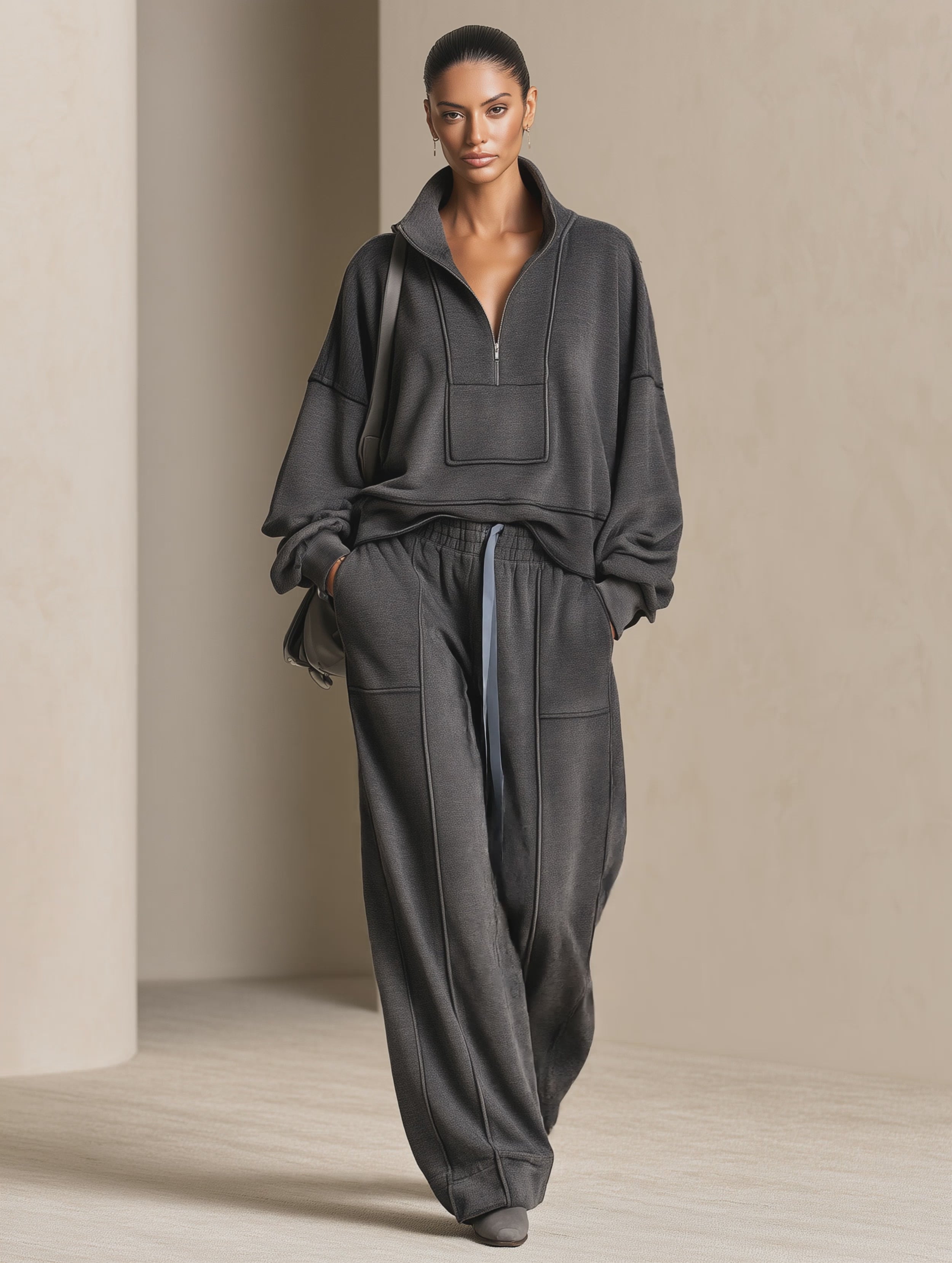 Women's Oversized Half-Zip Sweatshirt and Wide-Leg Pants Lounge Set