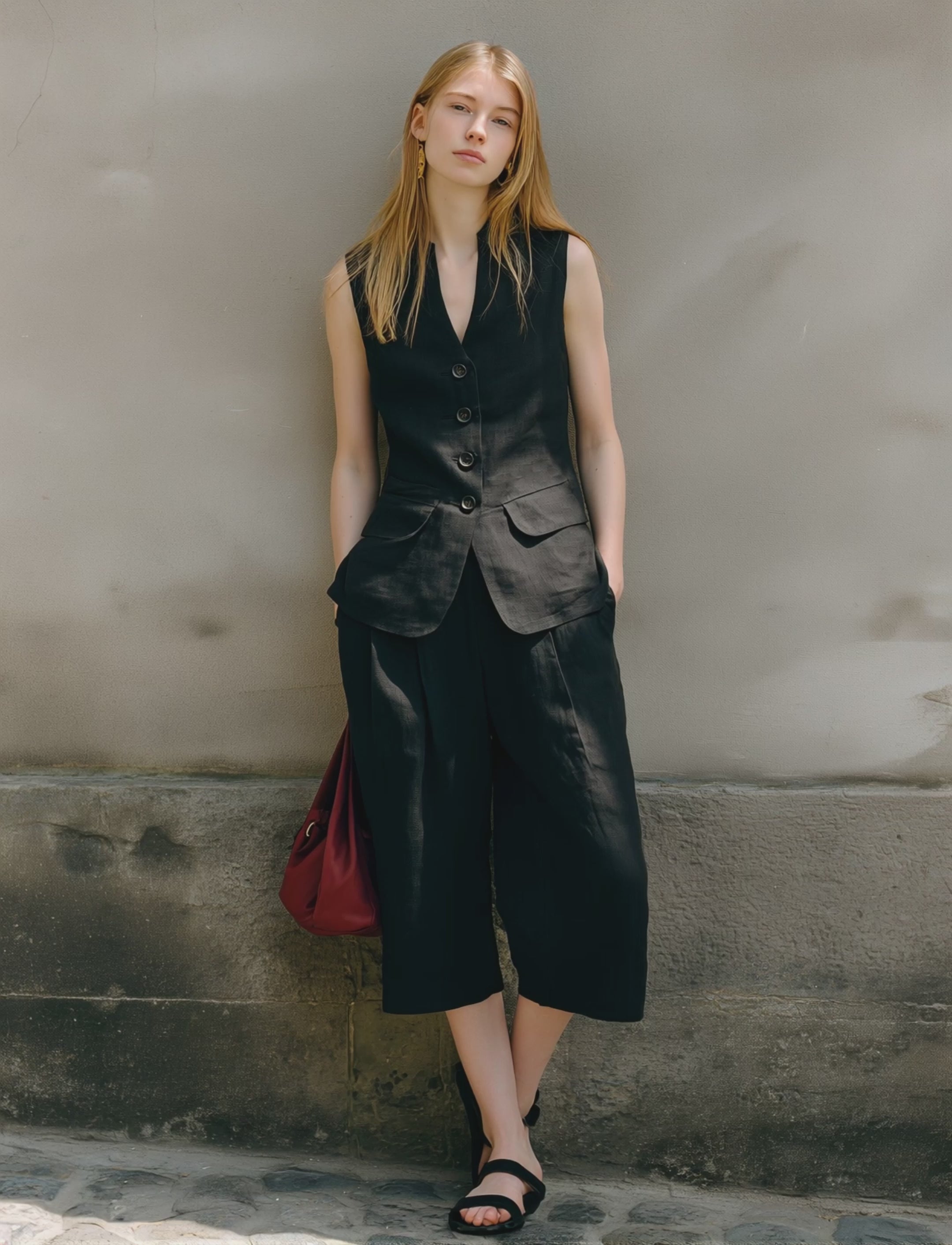 Women's Casual Black Cotton-Linen Sleeveless Suit Vest Paired With Cropped Trousers MDZ2052E4LXY