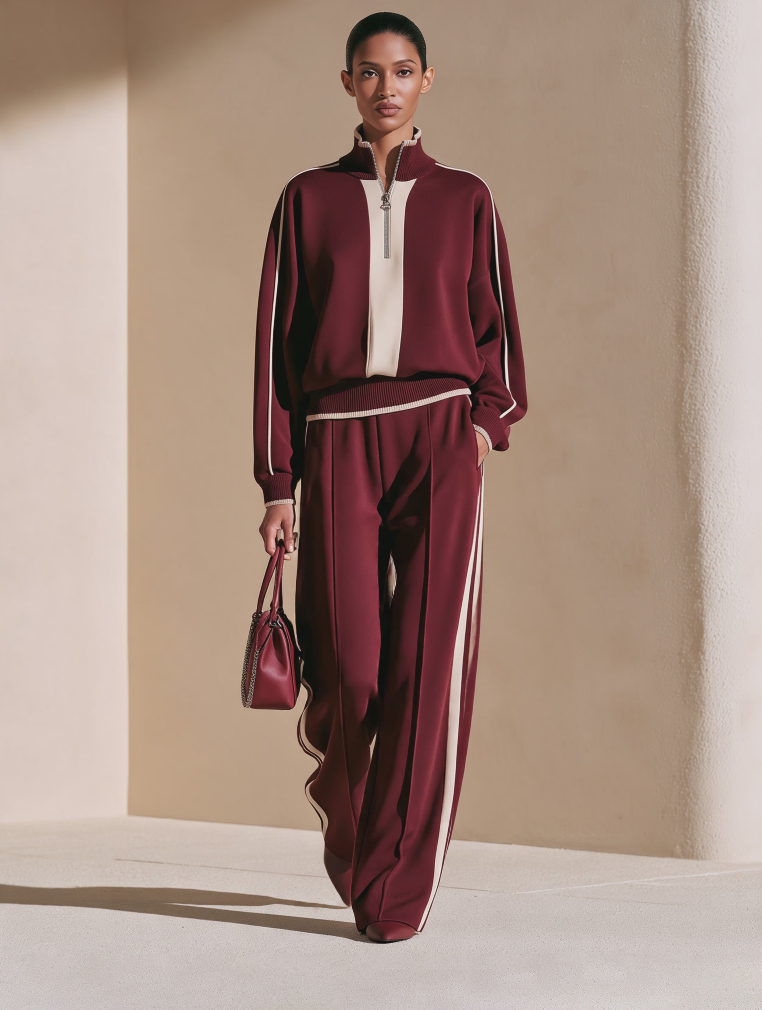 Women's Half-Zip Stand Collar Top and Wide-Leg Track Pants Set
