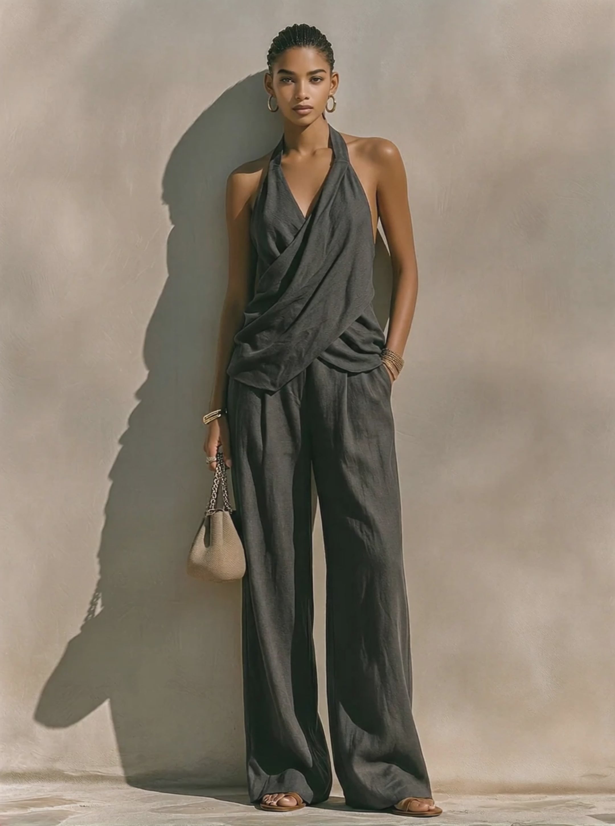 Women's Dark Gray Halter Neck Linen Co-Ord Set With Cross-Front Top & High-Waisted Pants, Modern Effortless-Chic Summer Outfit MDZ1133E0LYL