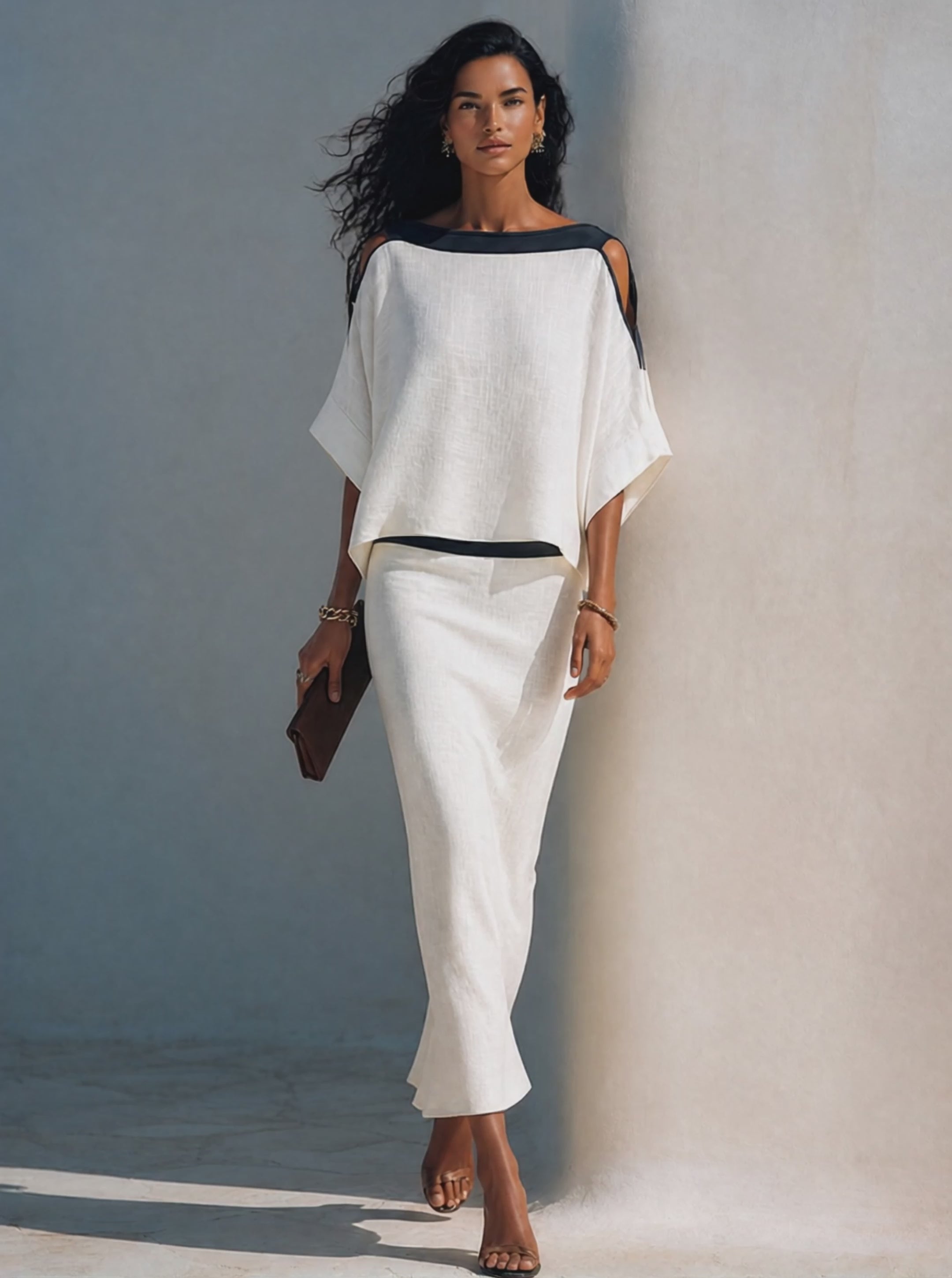 Women's Linen-Blend Batwing-Sleeve Top And Midi Skirt Two-Piece Set MDZ2993G0ZRK