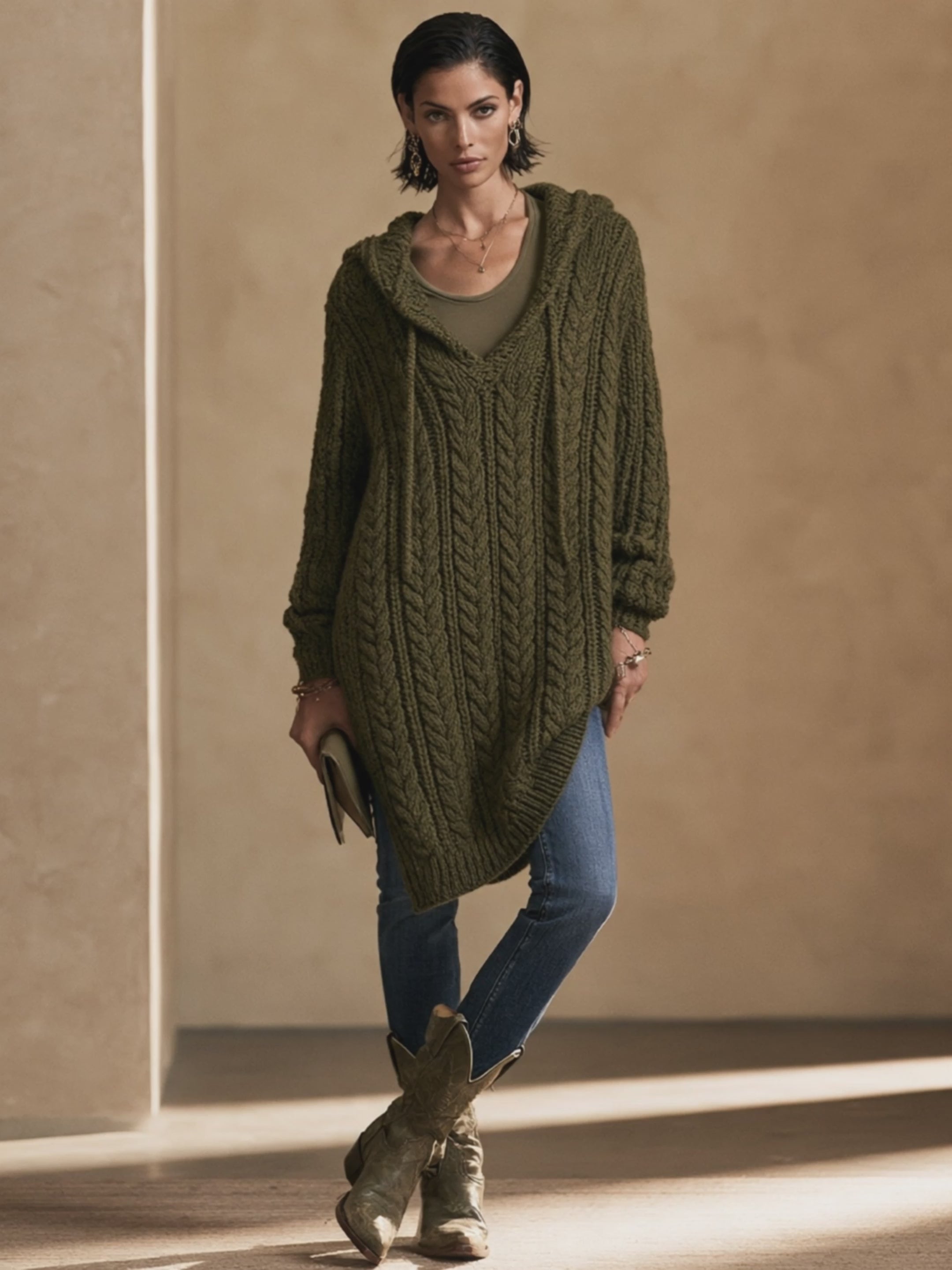 Women's Cable Knit Casual Hooded Long Sweater