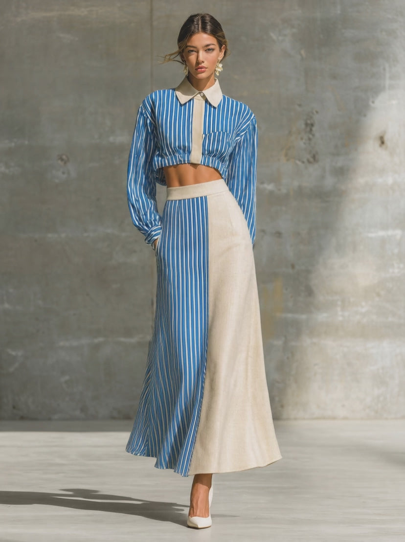 Women's Striped Colorblock Cropped Shirt & Maxi Skirt Two-Piece Set MDZ1389H0YZJ
