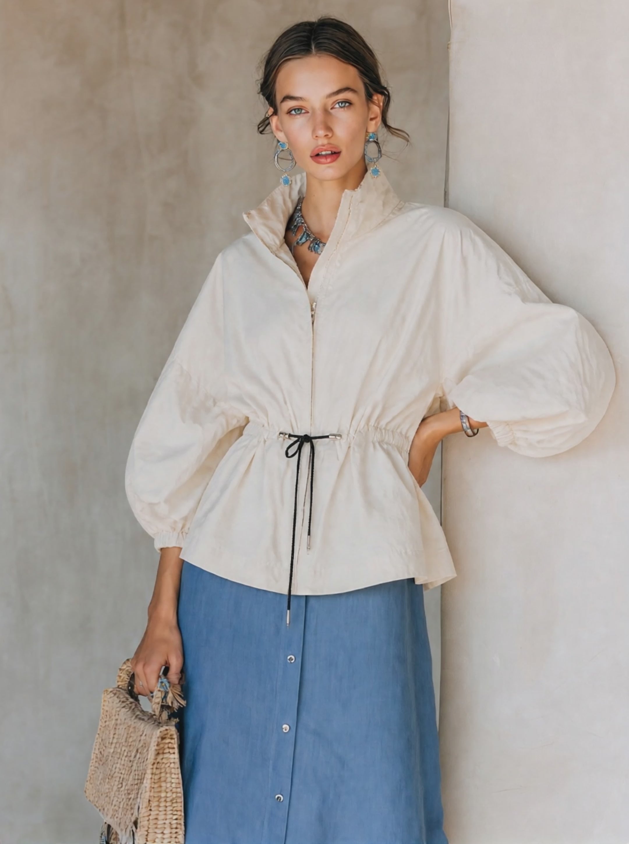 Women's Off‑White Cinched Waist Jacket For Daily Wear MDZ1909H4LYL