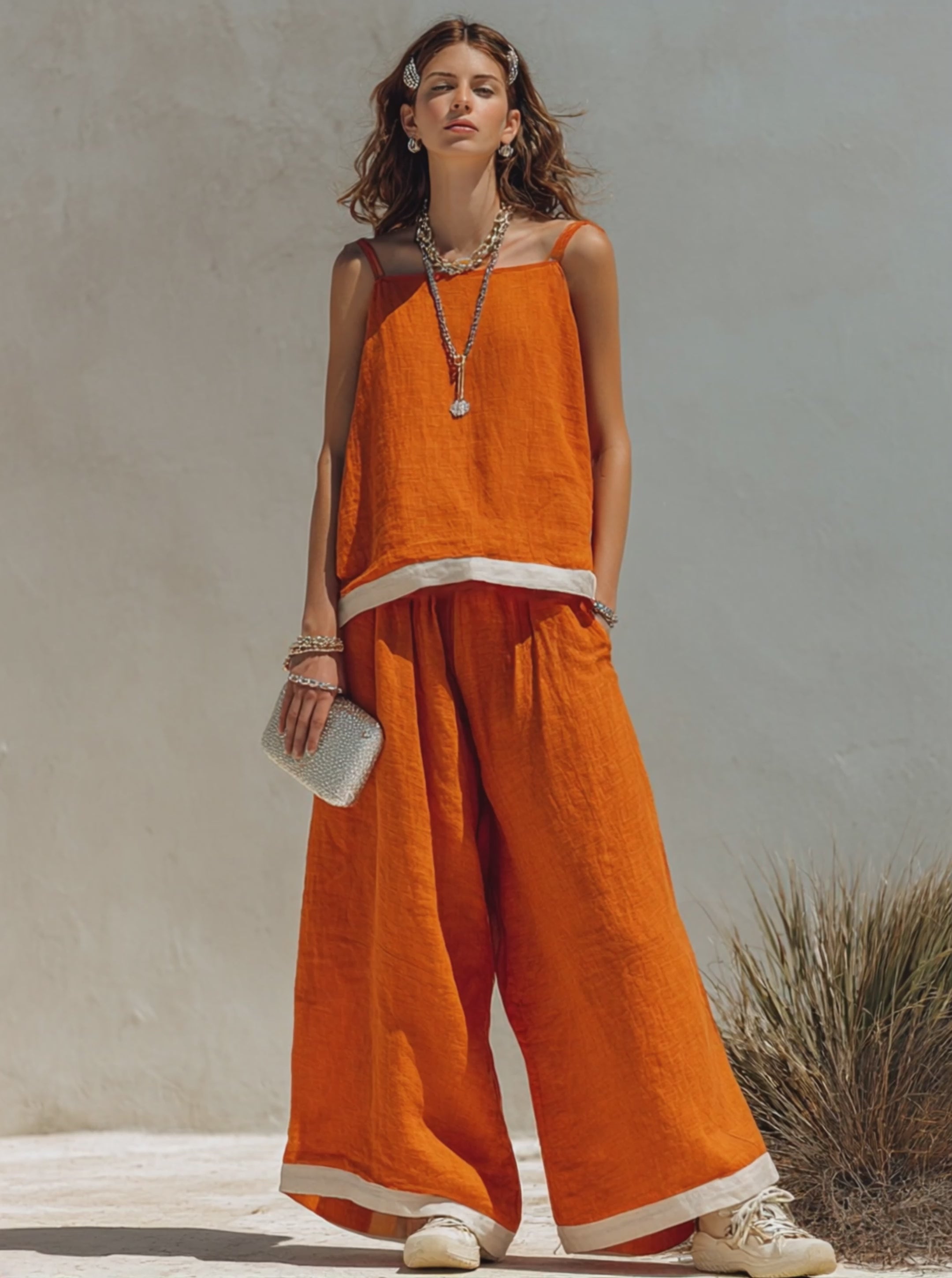 Women's Simple Cotton-Linen Blend Cami Top And Wide-Leg Pants Set MDZ2060E5ZRK