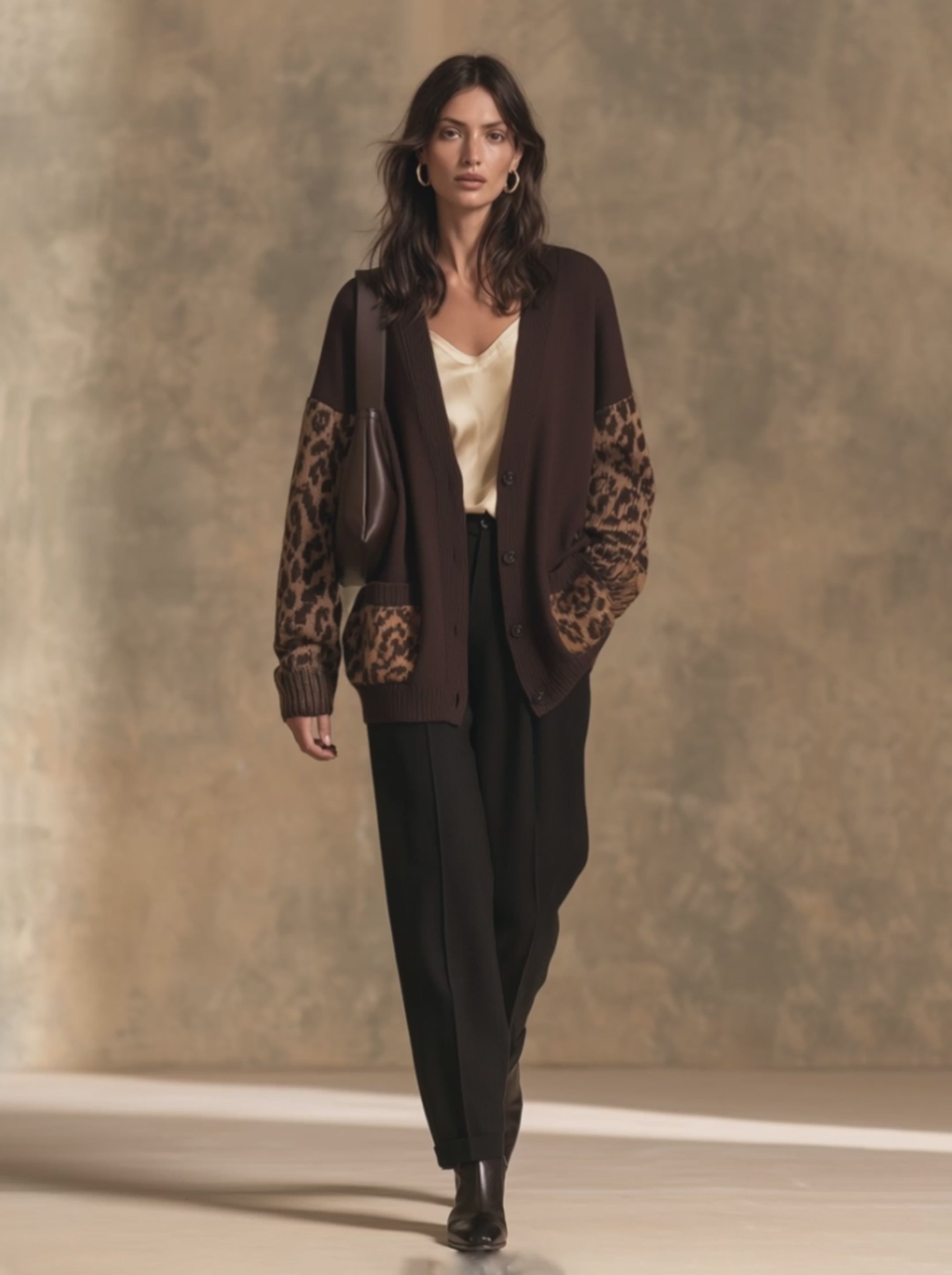 Women's Dark Coffee Leopard Panel V-Neck Drop-Shoulder Wool Knit Long Cardigan