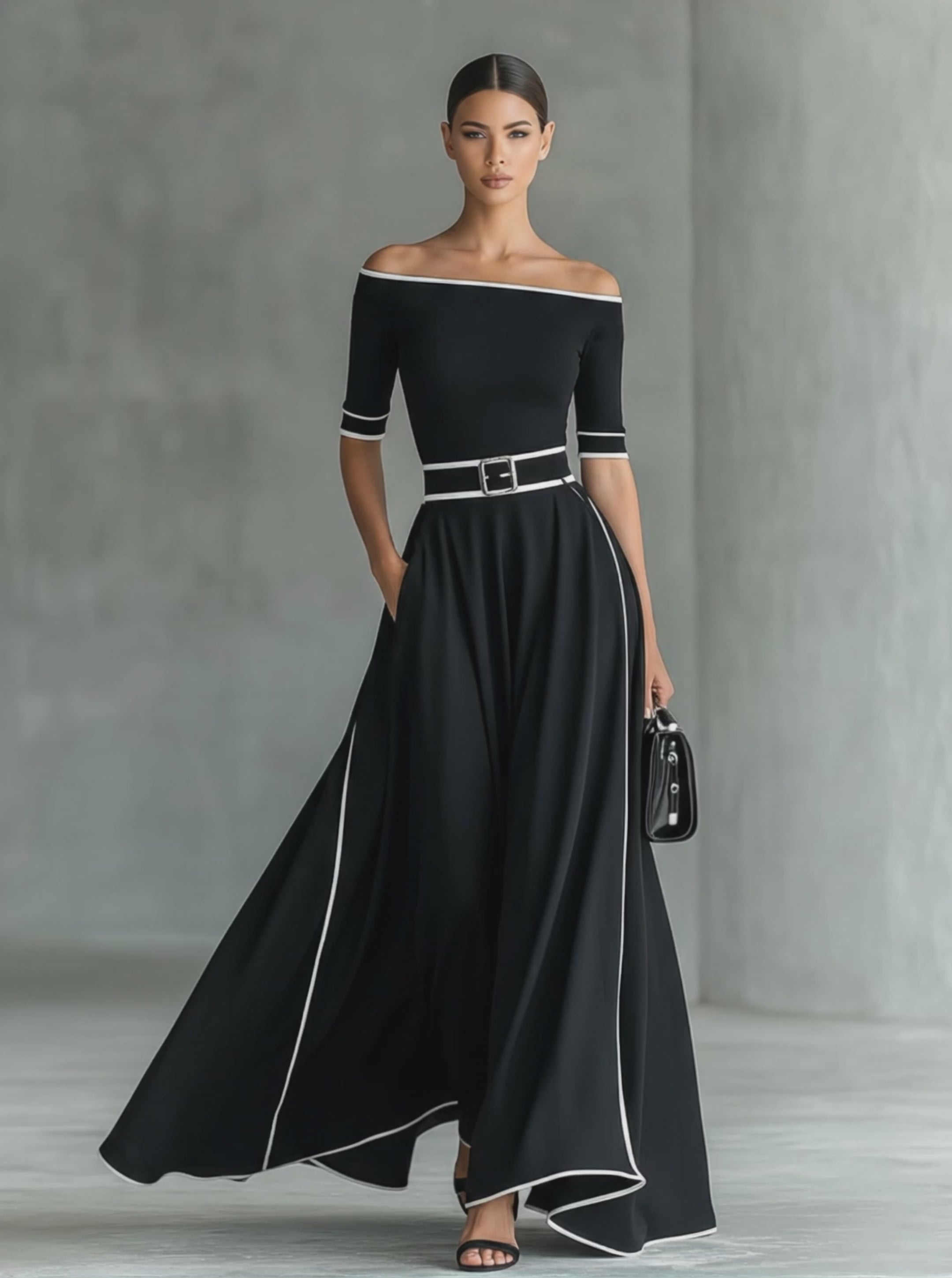 Women's Minimalist & Elegant White-Trimmed Off-the-Shoulder Top And Skirt Set MDZ2946E9Y