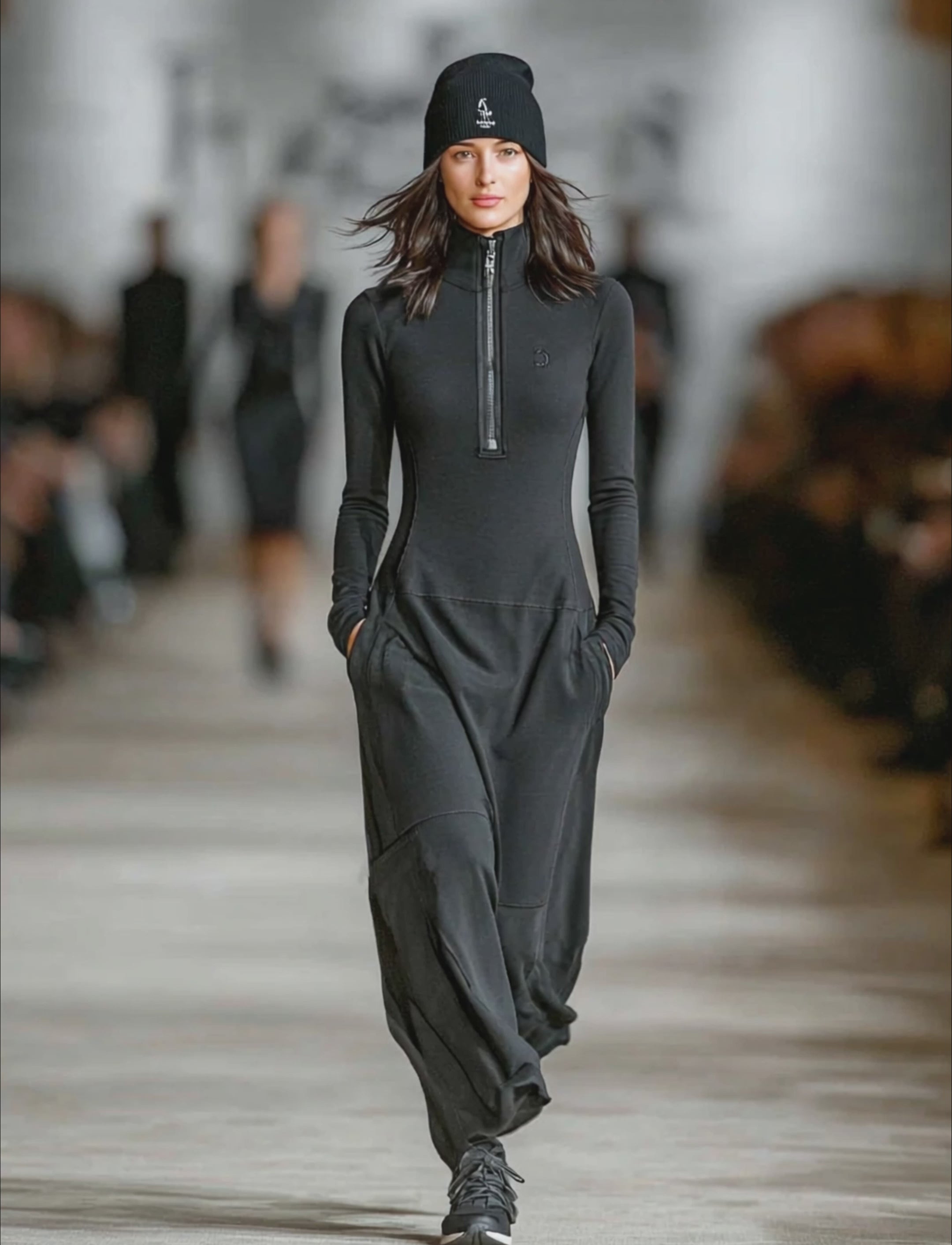 Women's Sports Cotton Blend Half-high Collar Zipper Loose Maxi Dress MDA3197G9Y