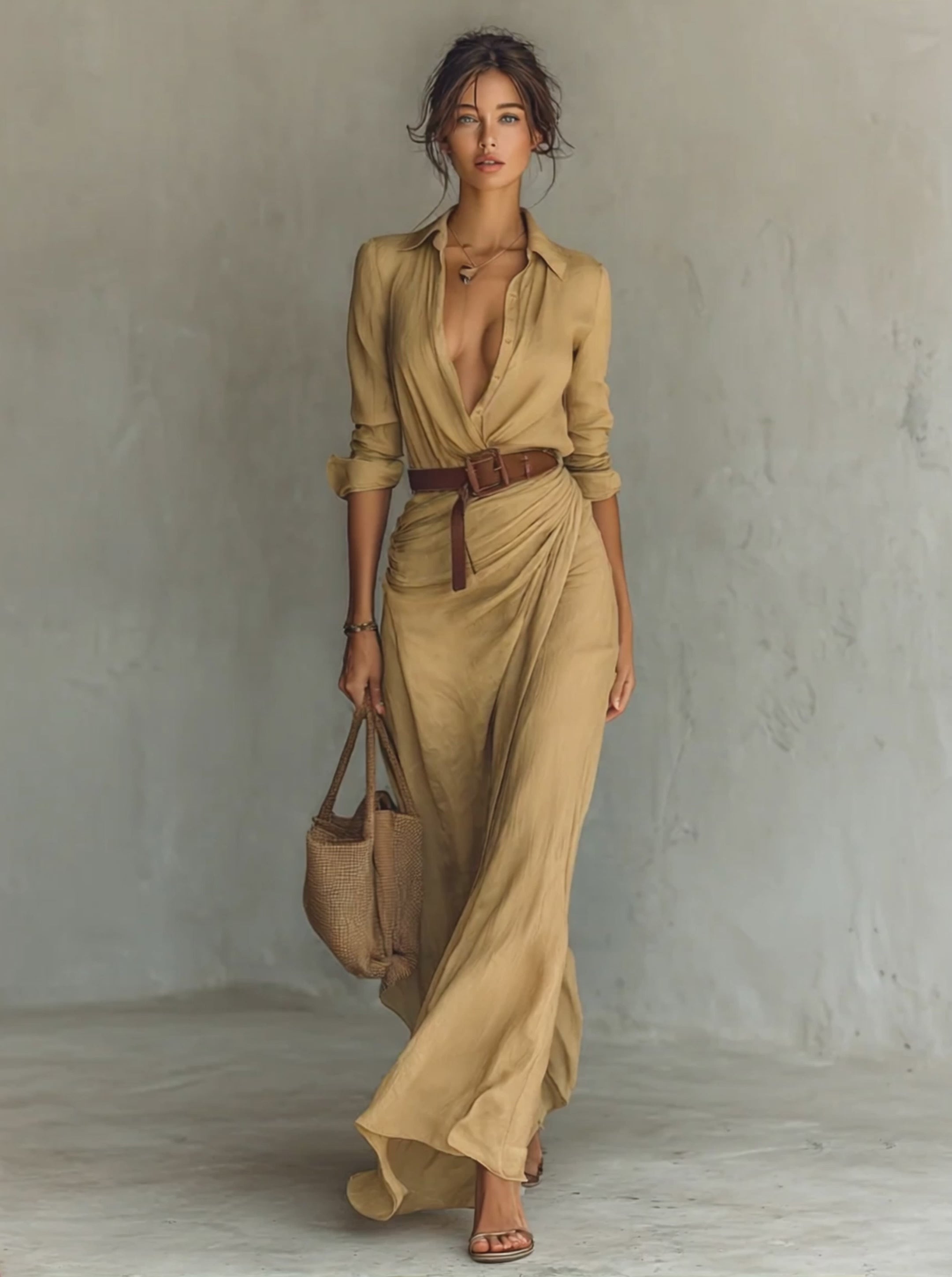 Ladies Lapel Single Breasted Long Sleeve Belted Maxi Dress MDA1500G4Y