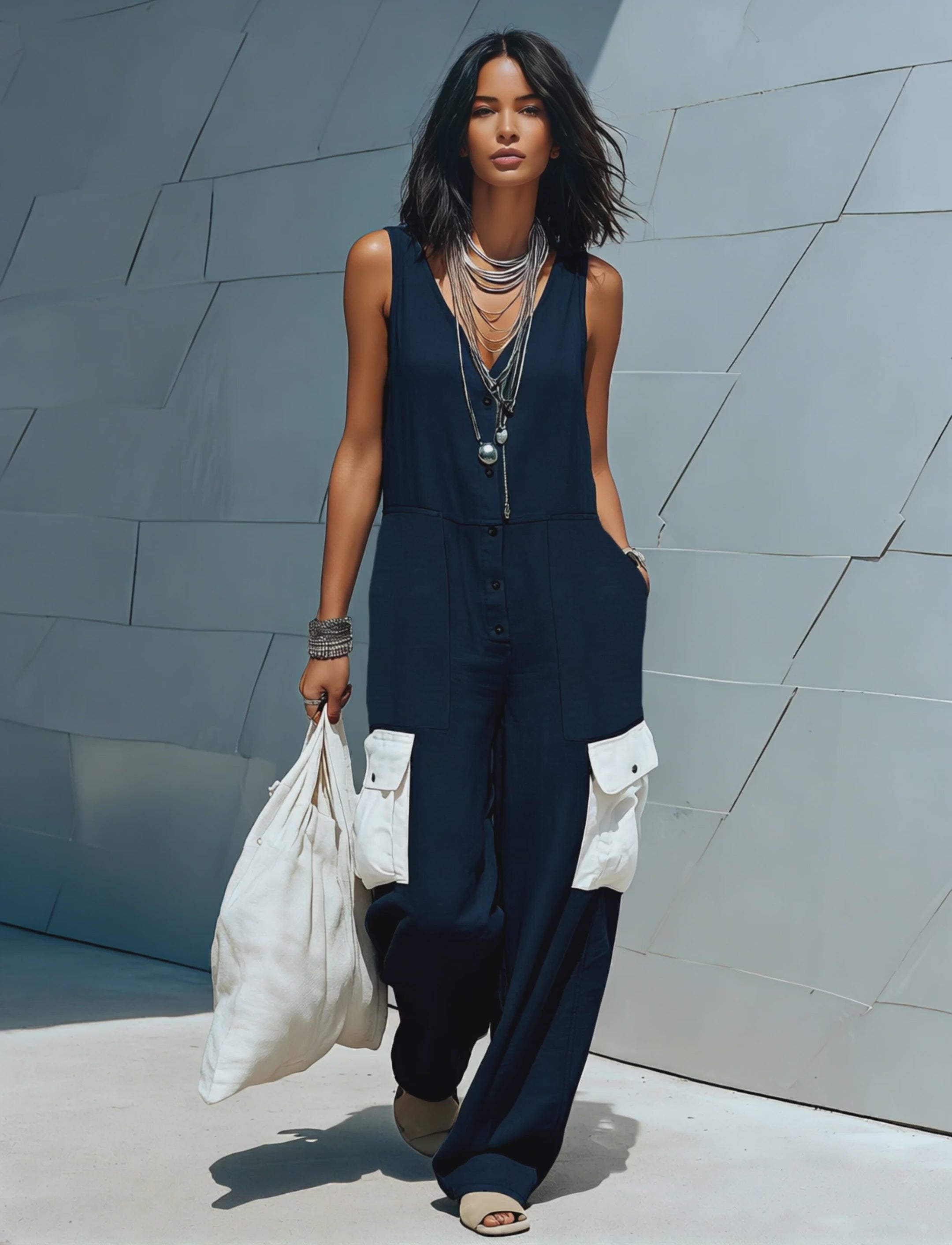Women's Casual Linen-Blend V-Neck Single-Breasted Multi-Pocket Jumpsuit MDZ1880F1WY