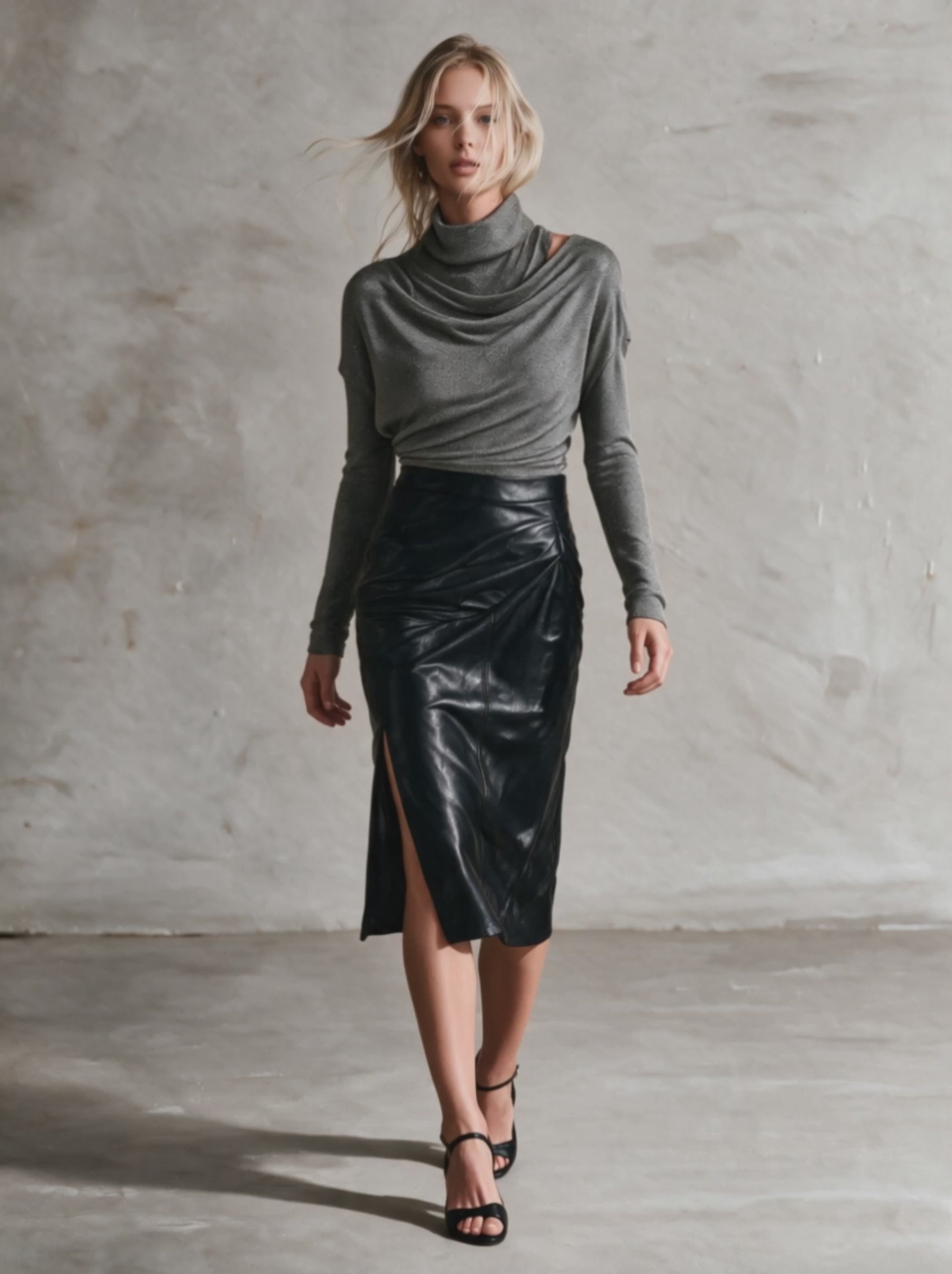 Women's Draped Sparkle Knit Top & Faux Leather Midi Skirt Two-Piece Set
