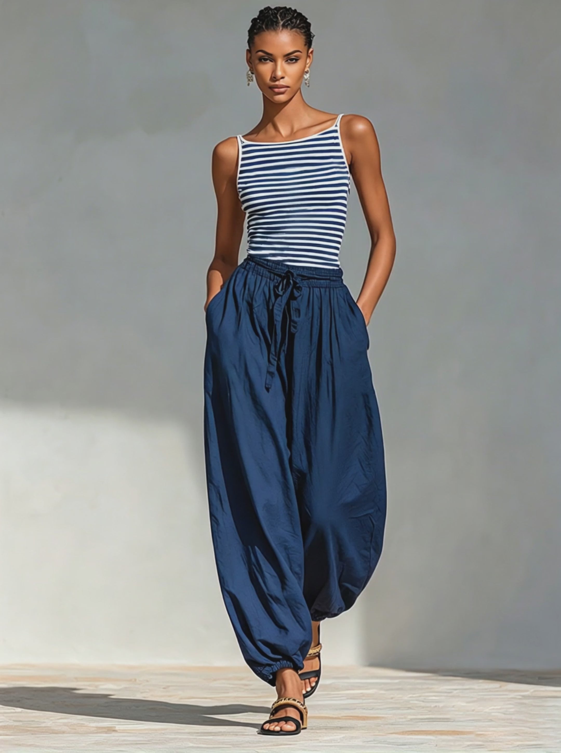 Women's Navy & White Striped Cotton-Blend Two-Piece Set With Square Neck Sling Top & Drawstring Harem Jogger Pants, Minimalist Casual Vacation Outfit MDZ0518F8LYL