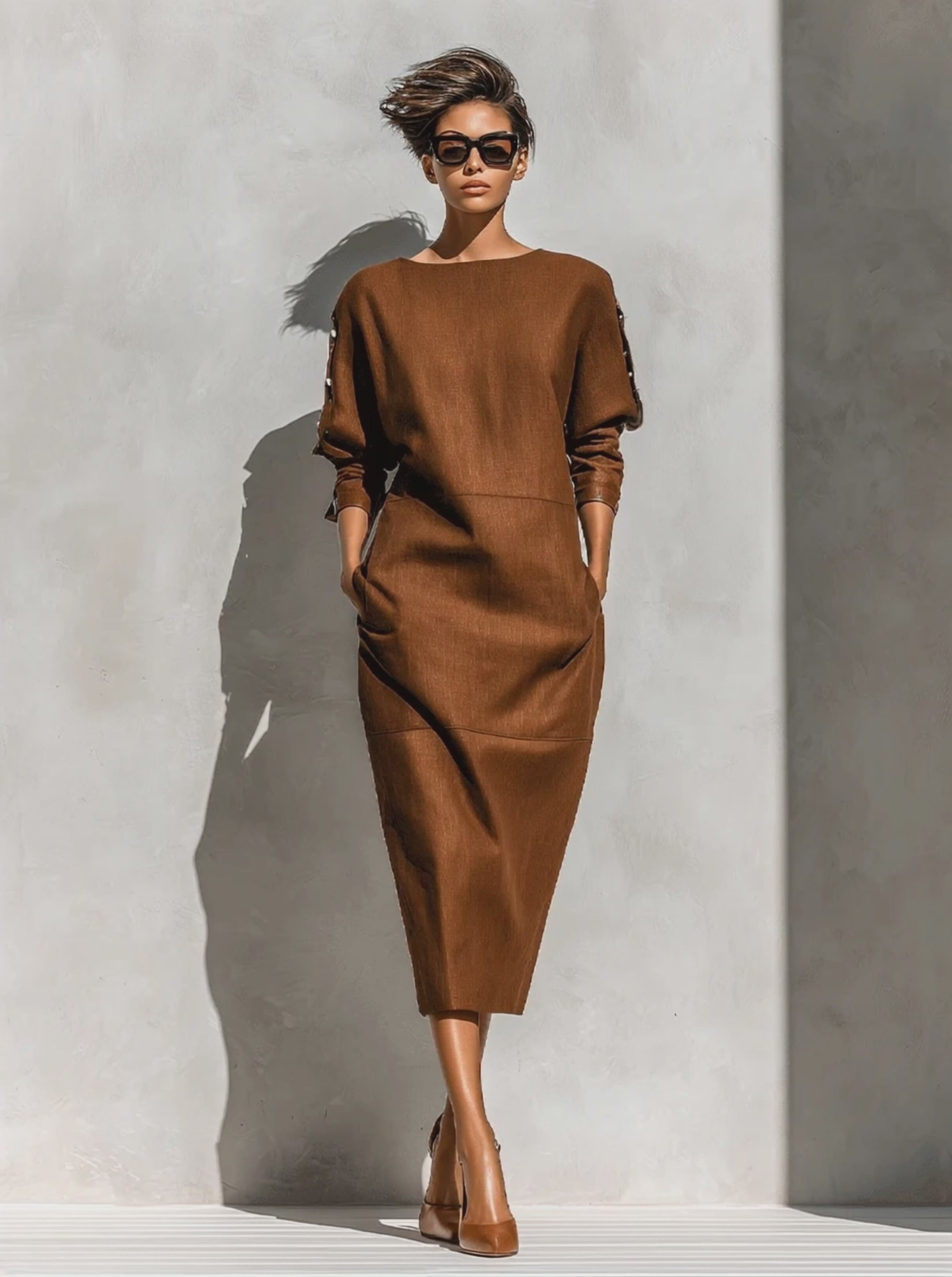 Women's Casual Elegant Boat Neck Lantern Sleeve Straight Midi Dress MDA2925G1I