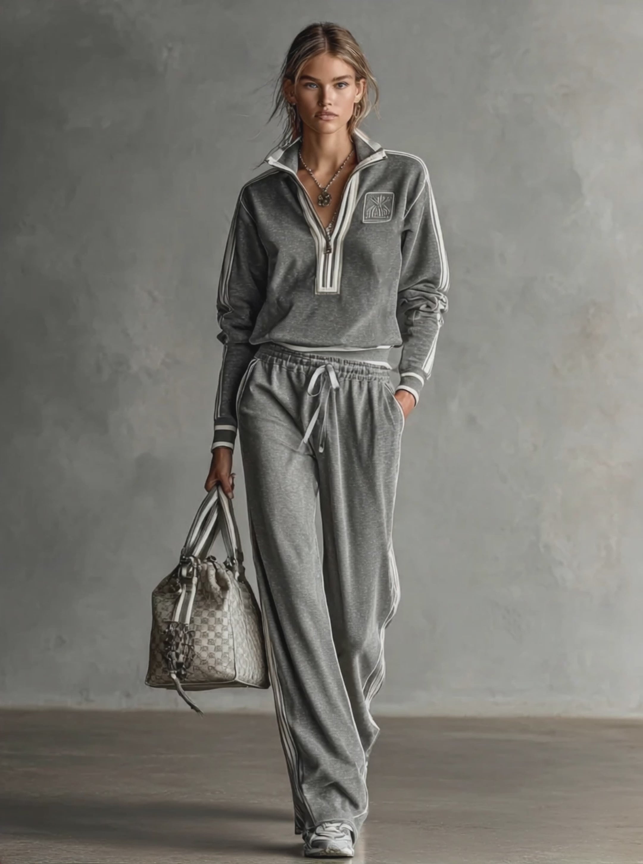 Women's Cotton Blend Embroidered White Trim Zipper Stand Collar Sweatshirt And Sweatpants Set MDA0782H9Y