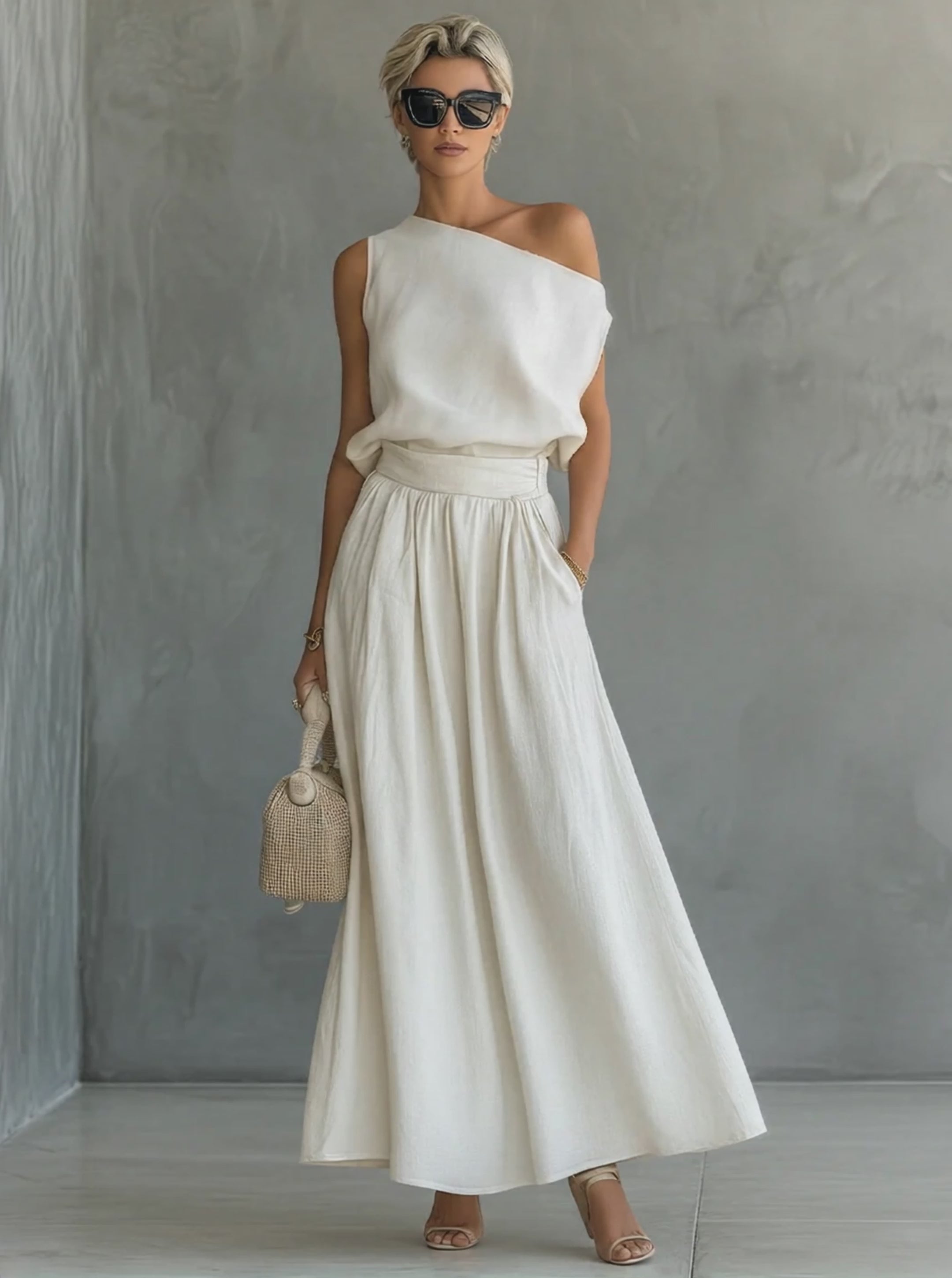 Women’s White Asymmetrical One-Shoulder Top & High-Waisted Maxi Skirt Two-Piece Set MDZ1585E4T