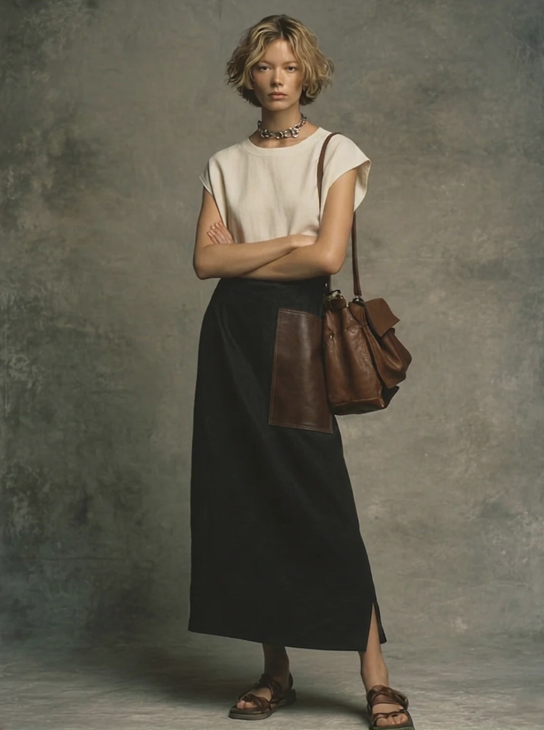 Women's Minimalist Off-White Cotton Blend Round Neck Sleeveless Top + Black Cotton Blend Leather Patchwork Long Skirt With Side Slit Set MDZ1391E5GMJ