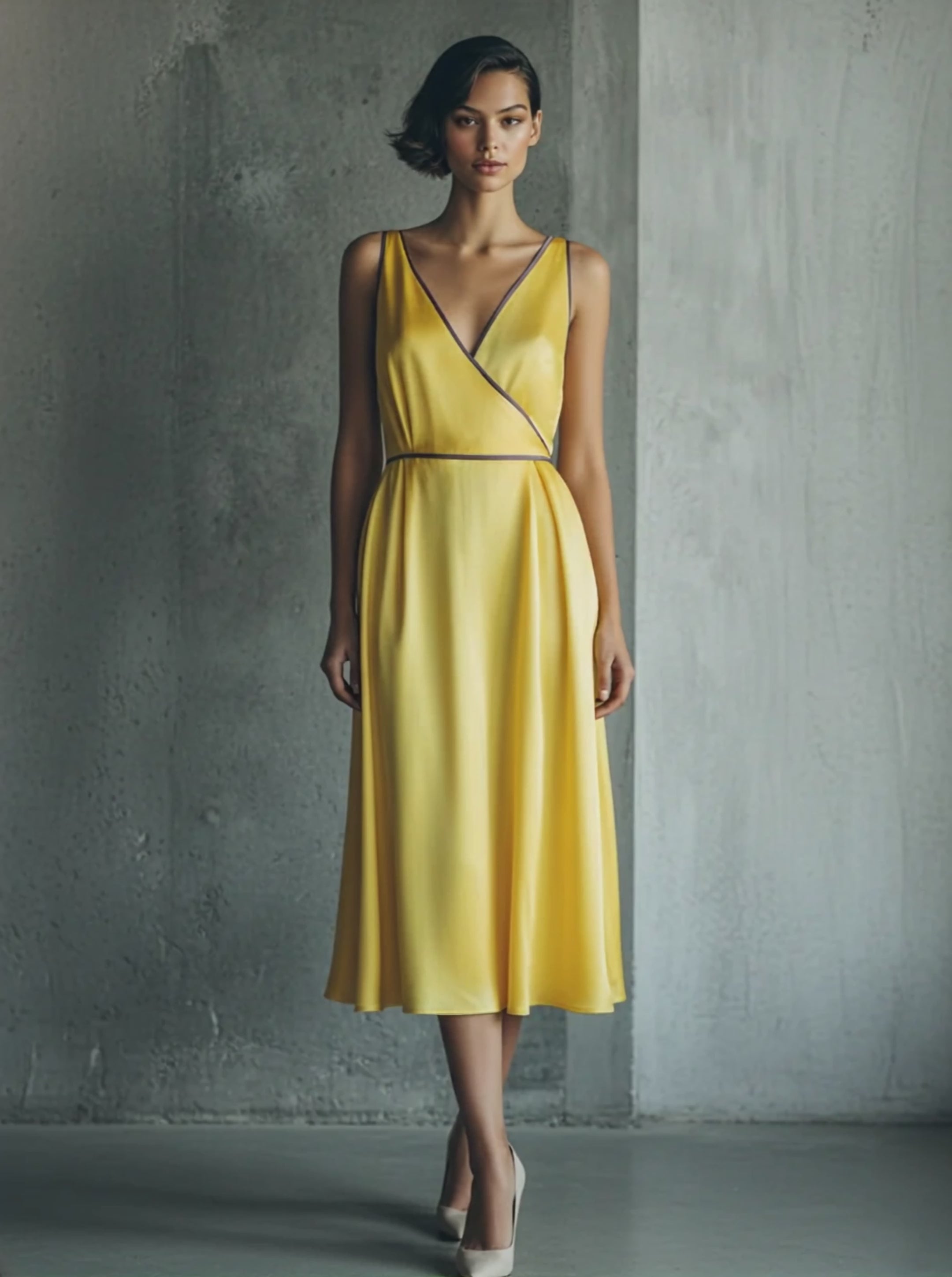 Women's Elegant Yellow Satin With Purple Piping V-Neck Cinched Waist Midi Dress MDZ1388D2GMJ