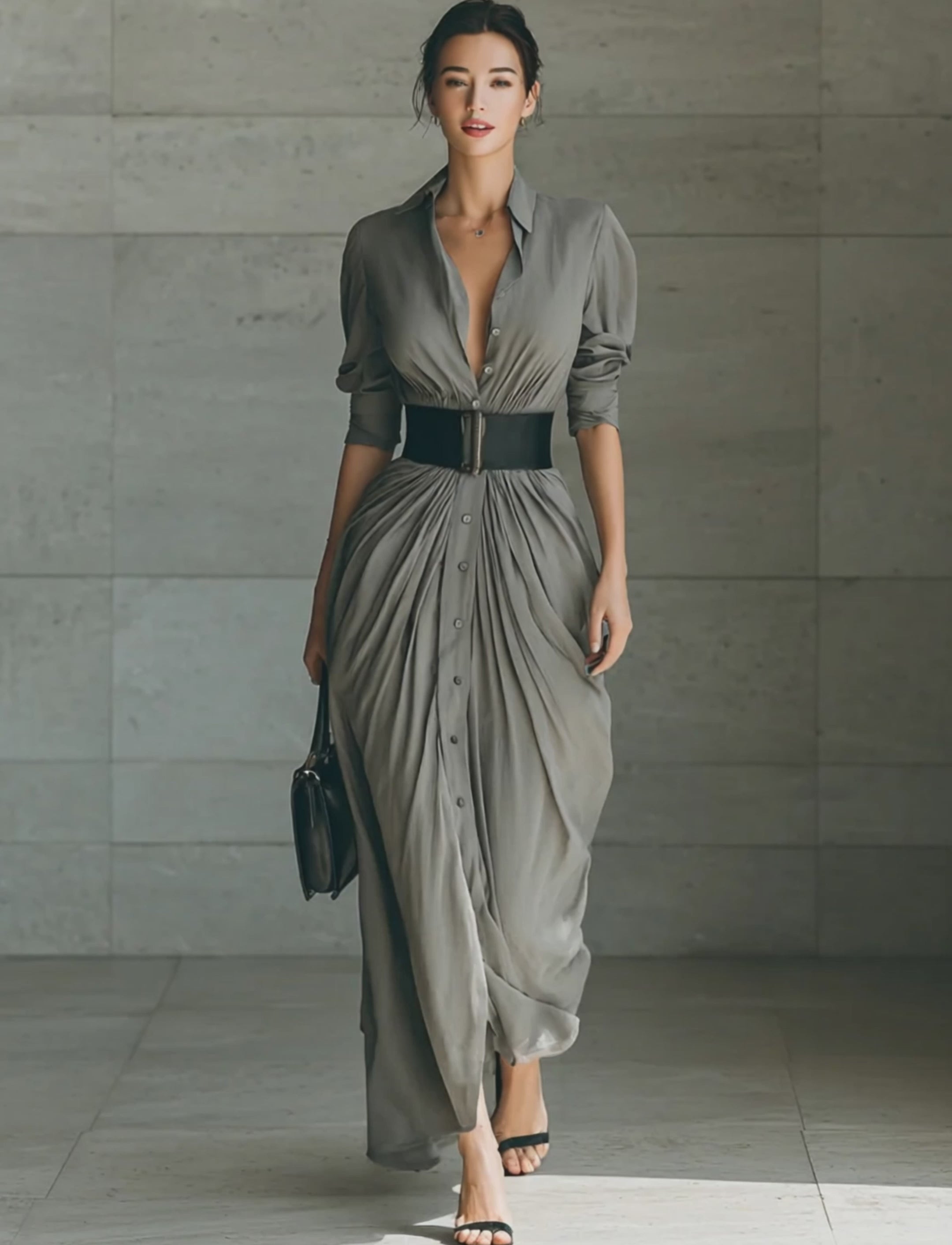 Ladies Lapel Long Sleeve Single Breasted Belt Maxi Dress MDA1758G1Y