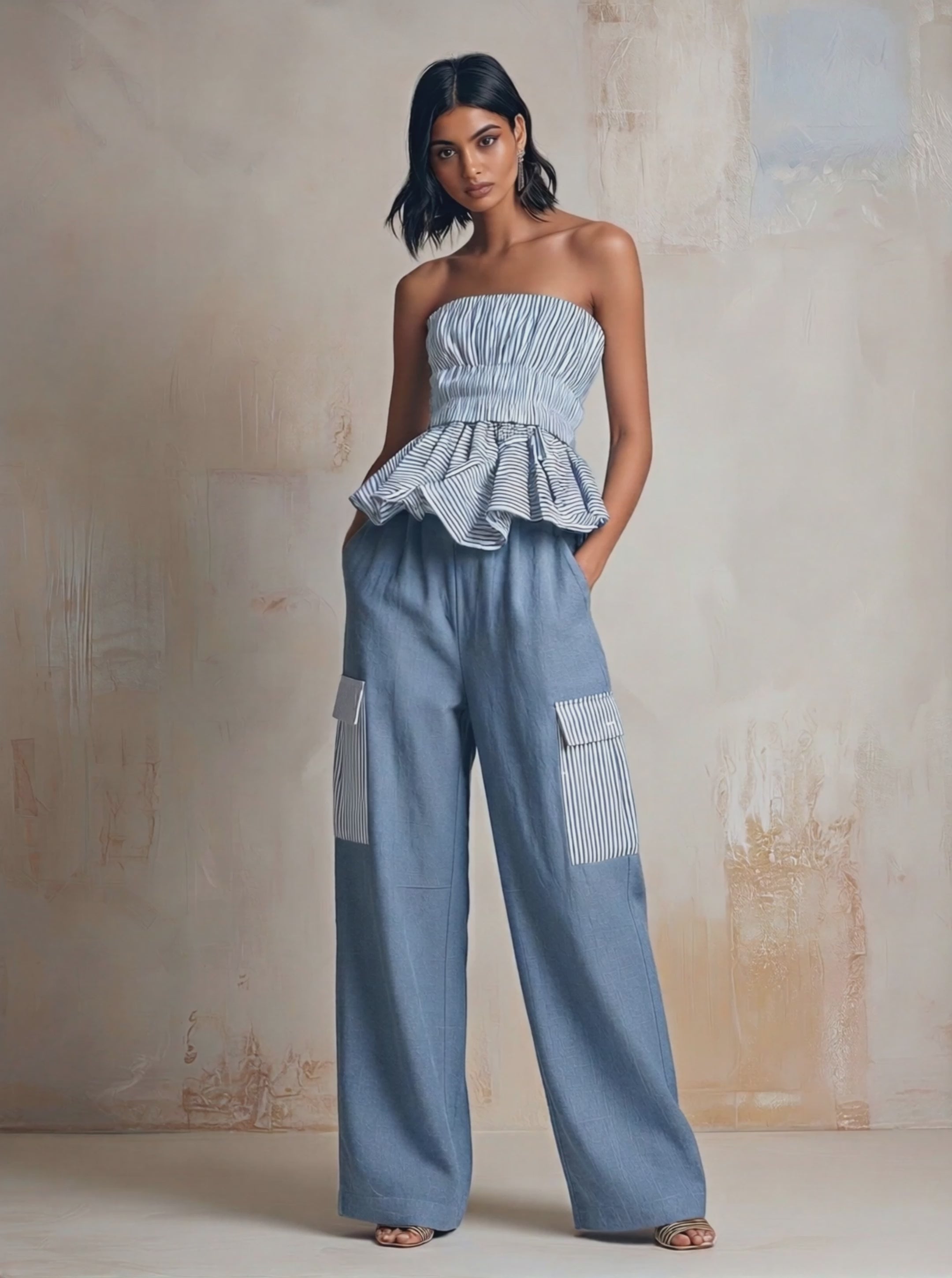 Women’s Blue & White Striped Strapless Peplum Top & Wide-Leg Cargo Pants Two-Piece Set MDZ2036E8T