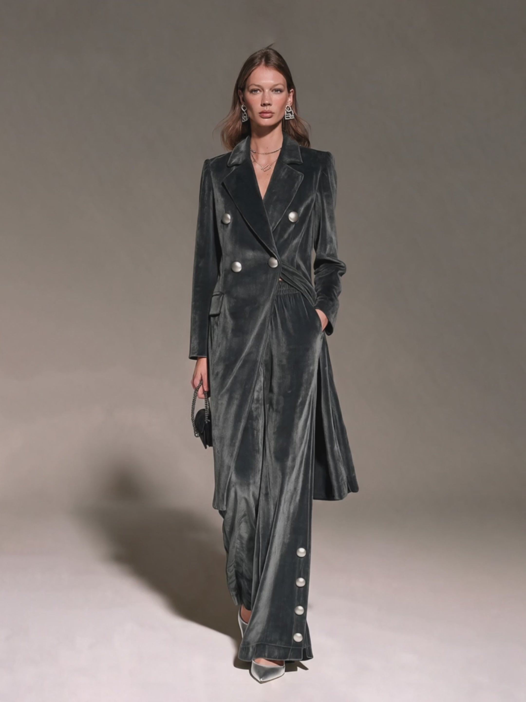 Women's Charcoal Velvet Notch Lapel Double-Breasted Cinched-Waist Slit Long Coat