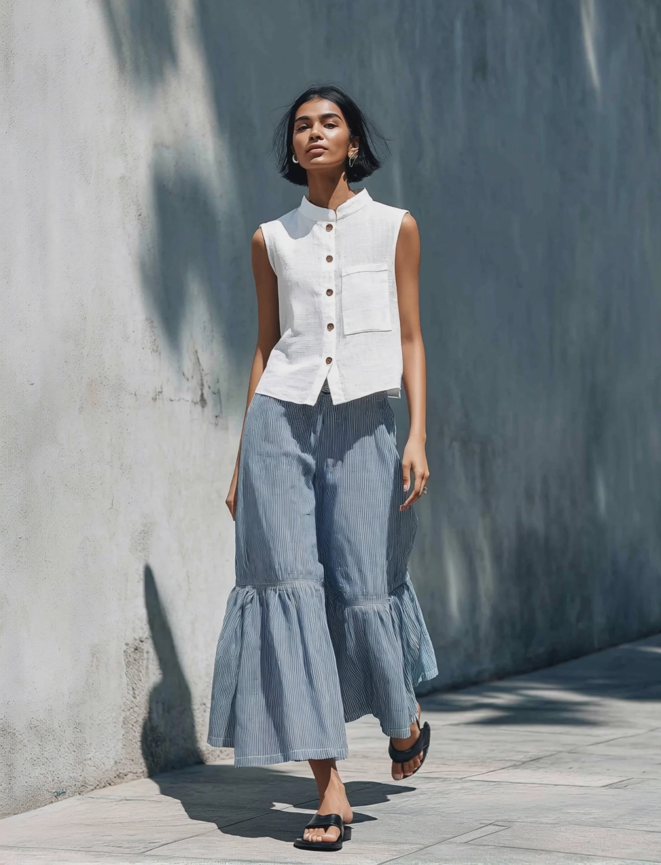 Women's Minimalist Stand-Collar Sleeveless Shirt & Striped Wide-Leg Pants Set MDZ1104D0Y