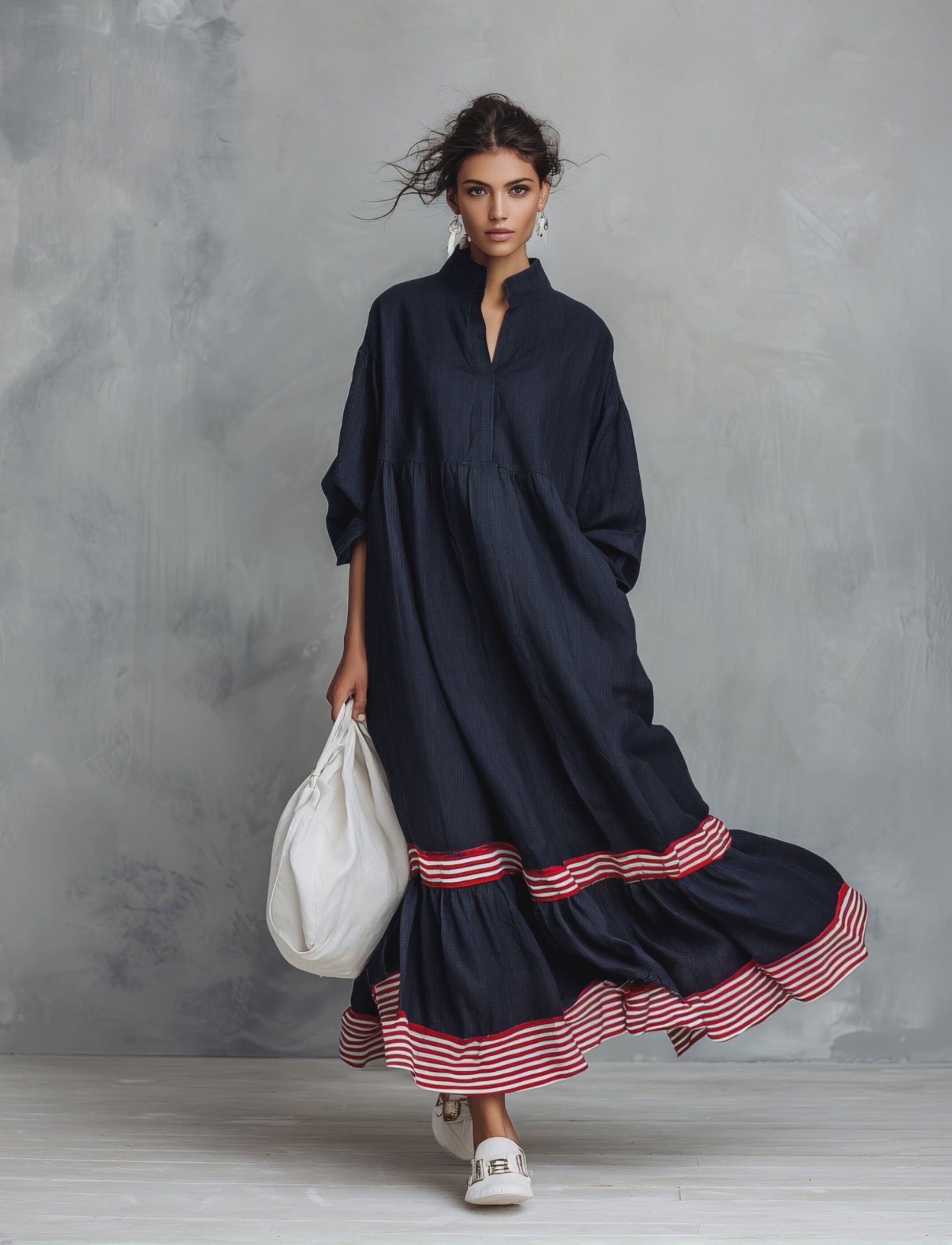 Women's Minimalist Linen-Blend Long-Sleeve Maxi Dress With Striped Hem – Modesees