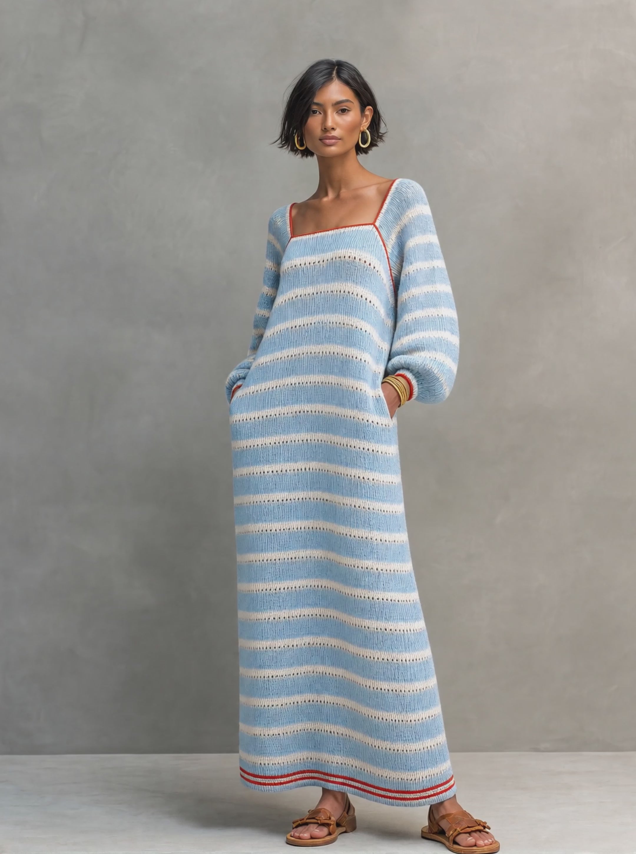 Women's Minimalist Striped Square-Neck Long-Sleeve Maxi Sweater Dress – Modesees