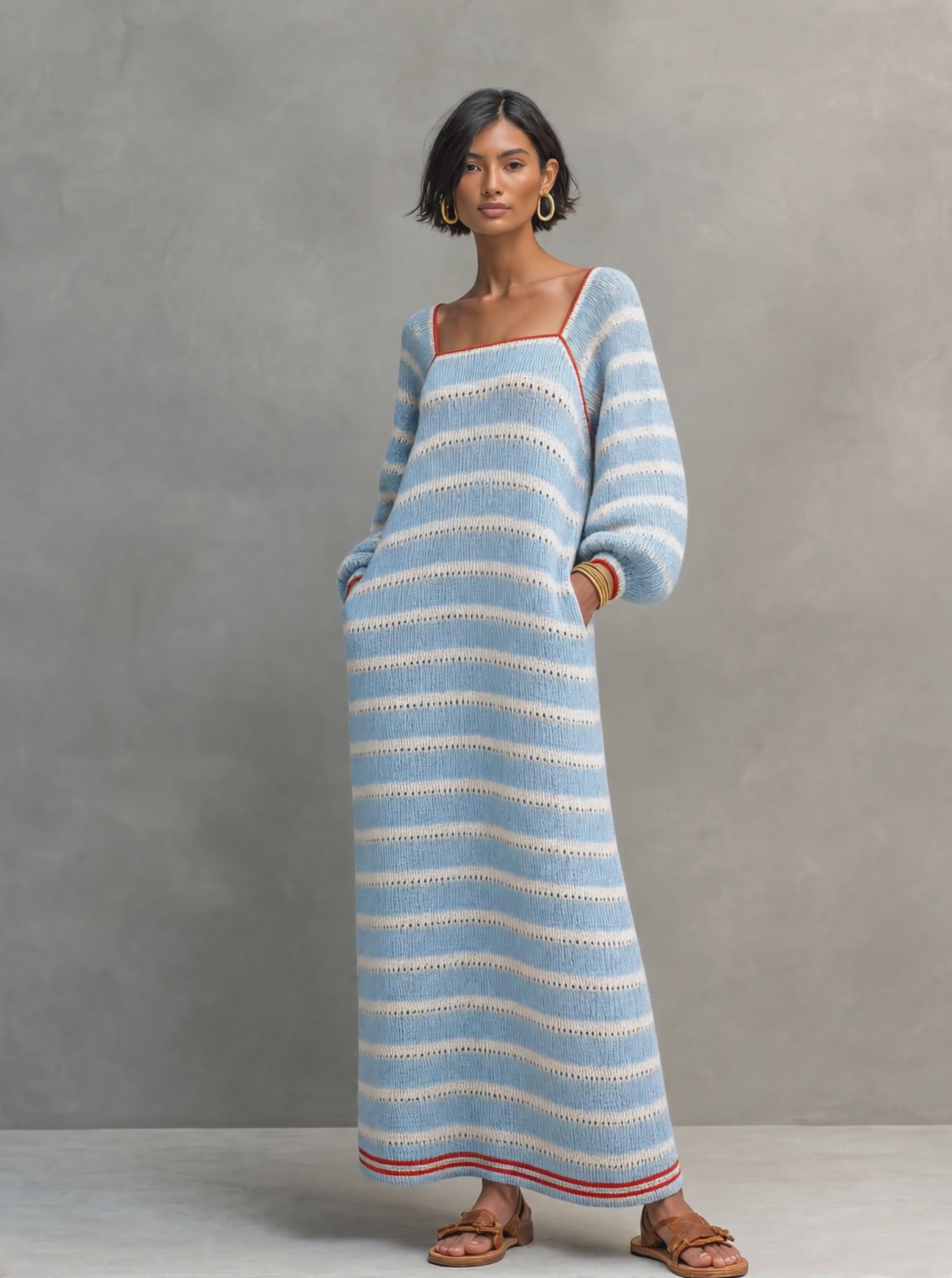 maxi sweater dress women Women's Minimalist Striped Square-Neck Long-Sleeve MDZ2707G0WY, Light Blue / XS Mint Green Slim Fit long sweaterdress ron Material:Turquoise Top