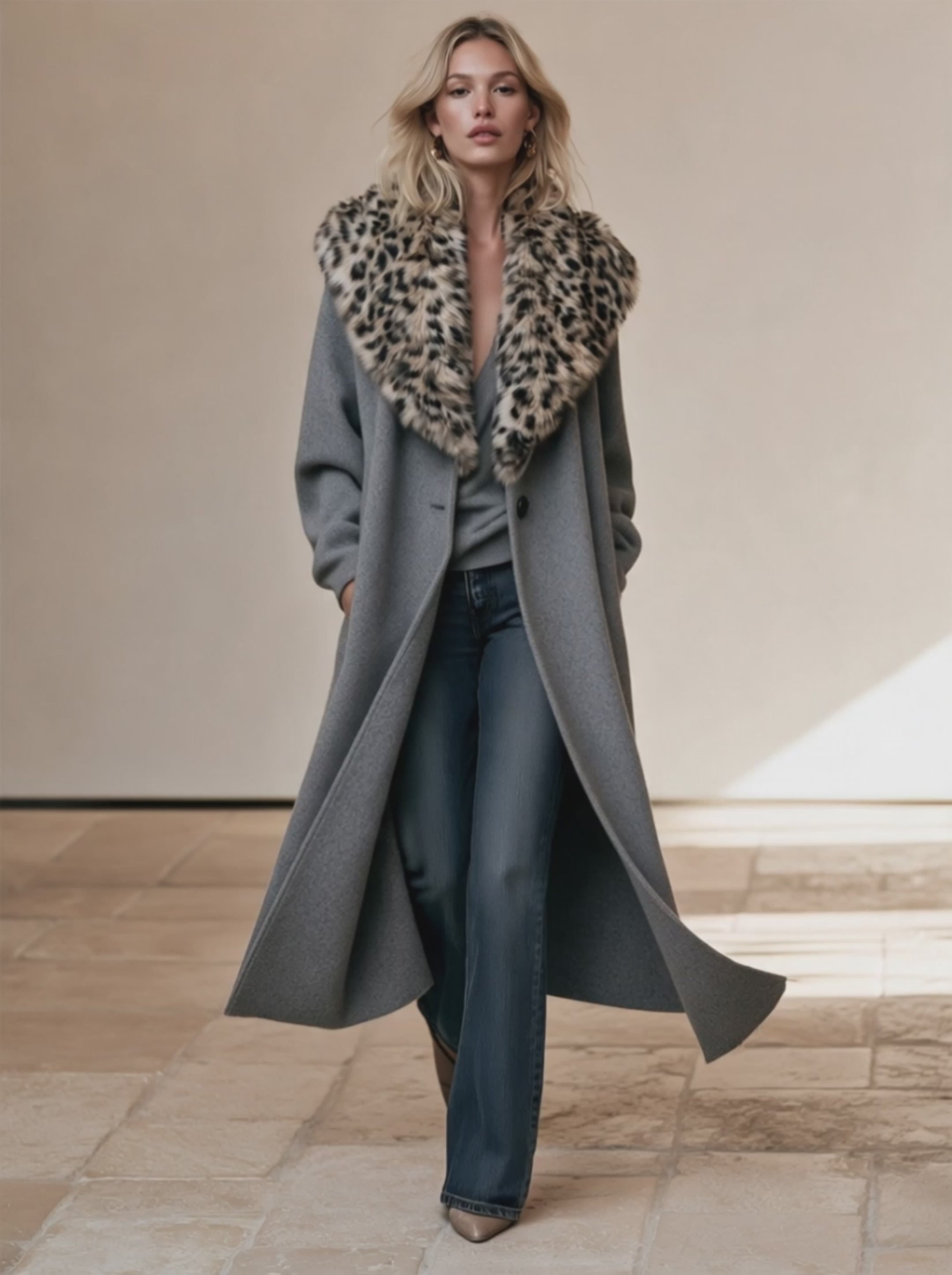 Women's Gray Leopard Collar Long Coat