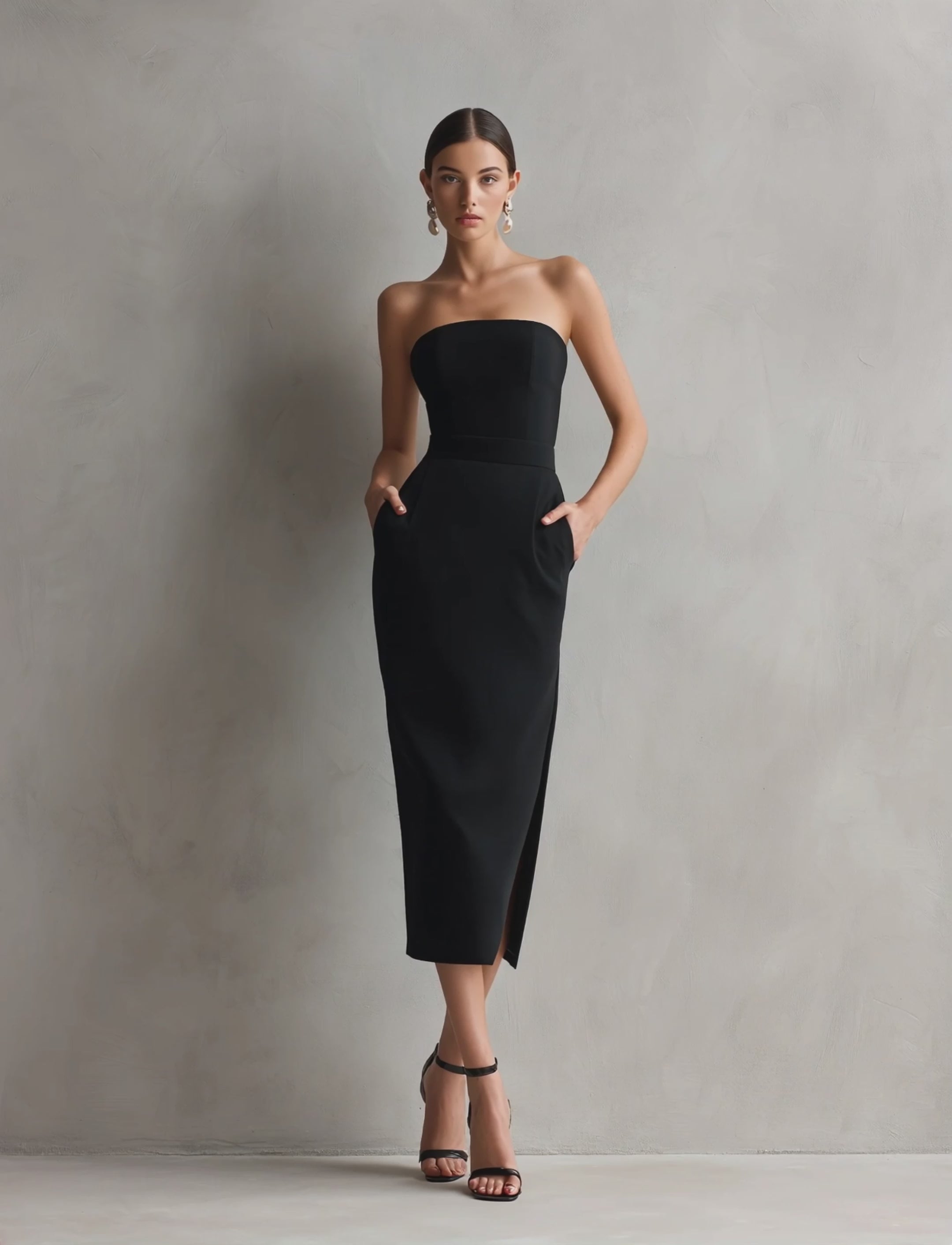 Women's Elegant Black Stretch Strapless Bodycon Midi Dress MDZ0669A6AN – Modesees