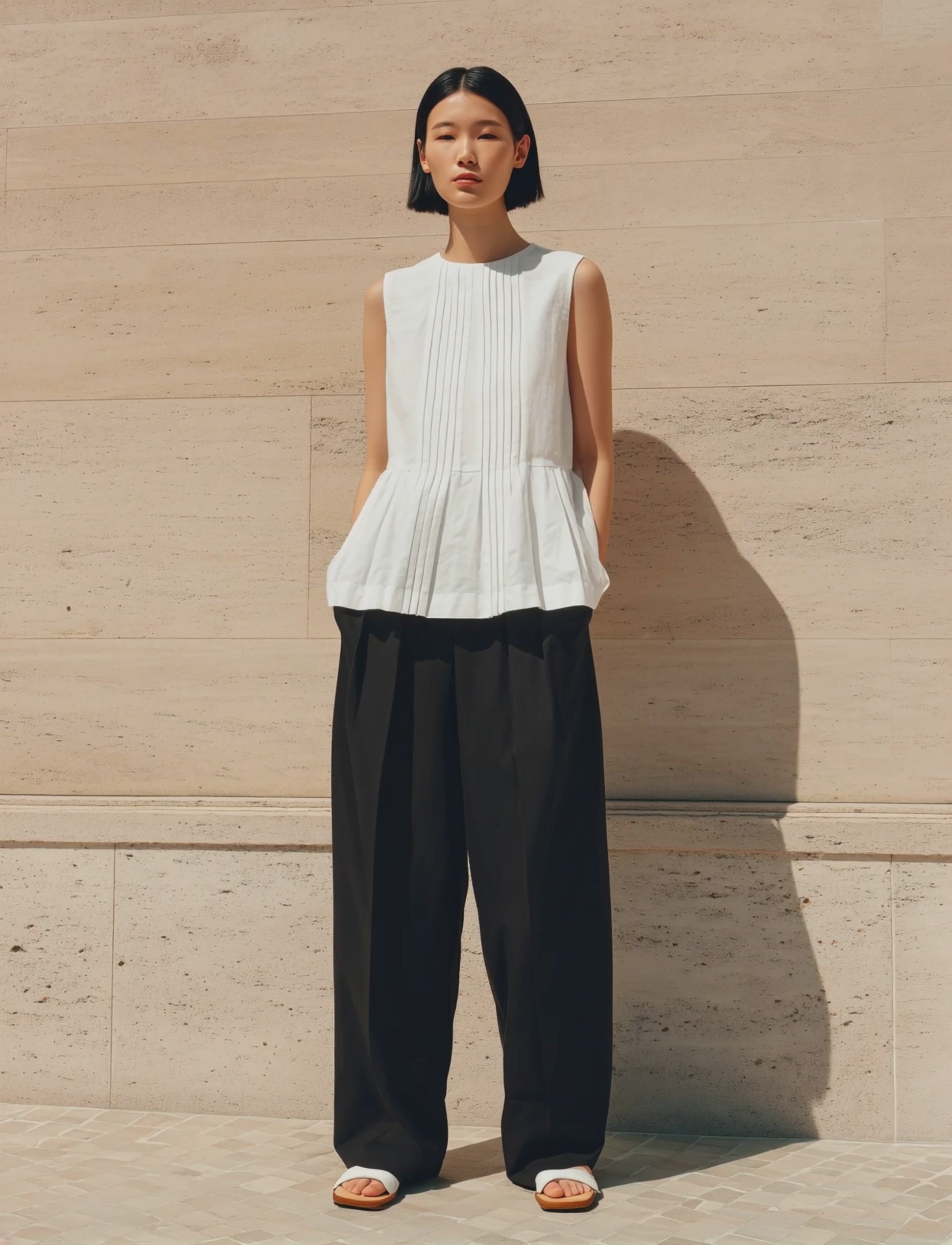 Women's Minimalist & Elegant Pleated Cotton-Linen Sleeveless Top MDZ3006D4ZJW