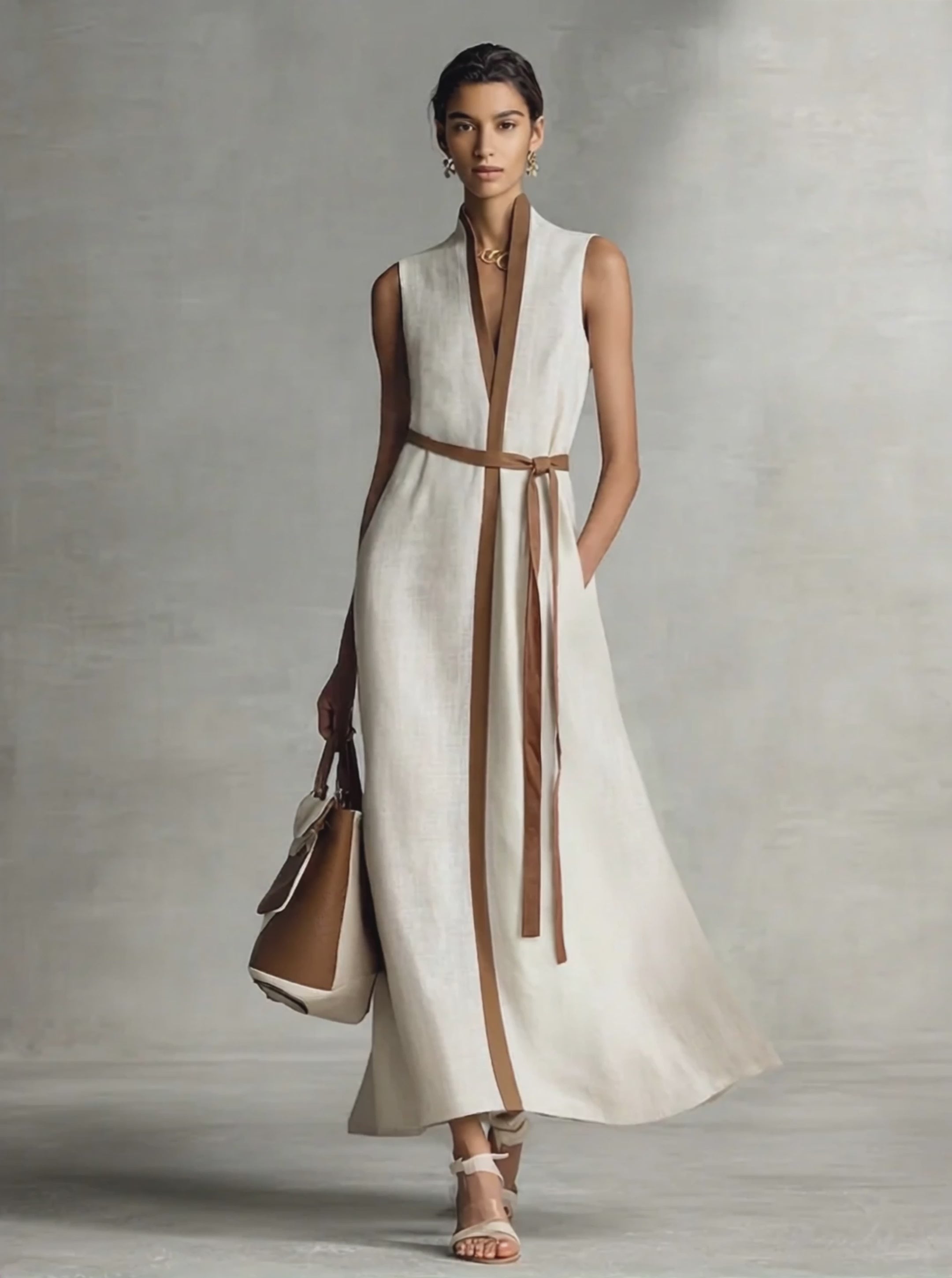 Women's Sleeveless V-Neck Tie-Waist Cotton Linen Maxi Dress MDZ1153B7B – Modesees