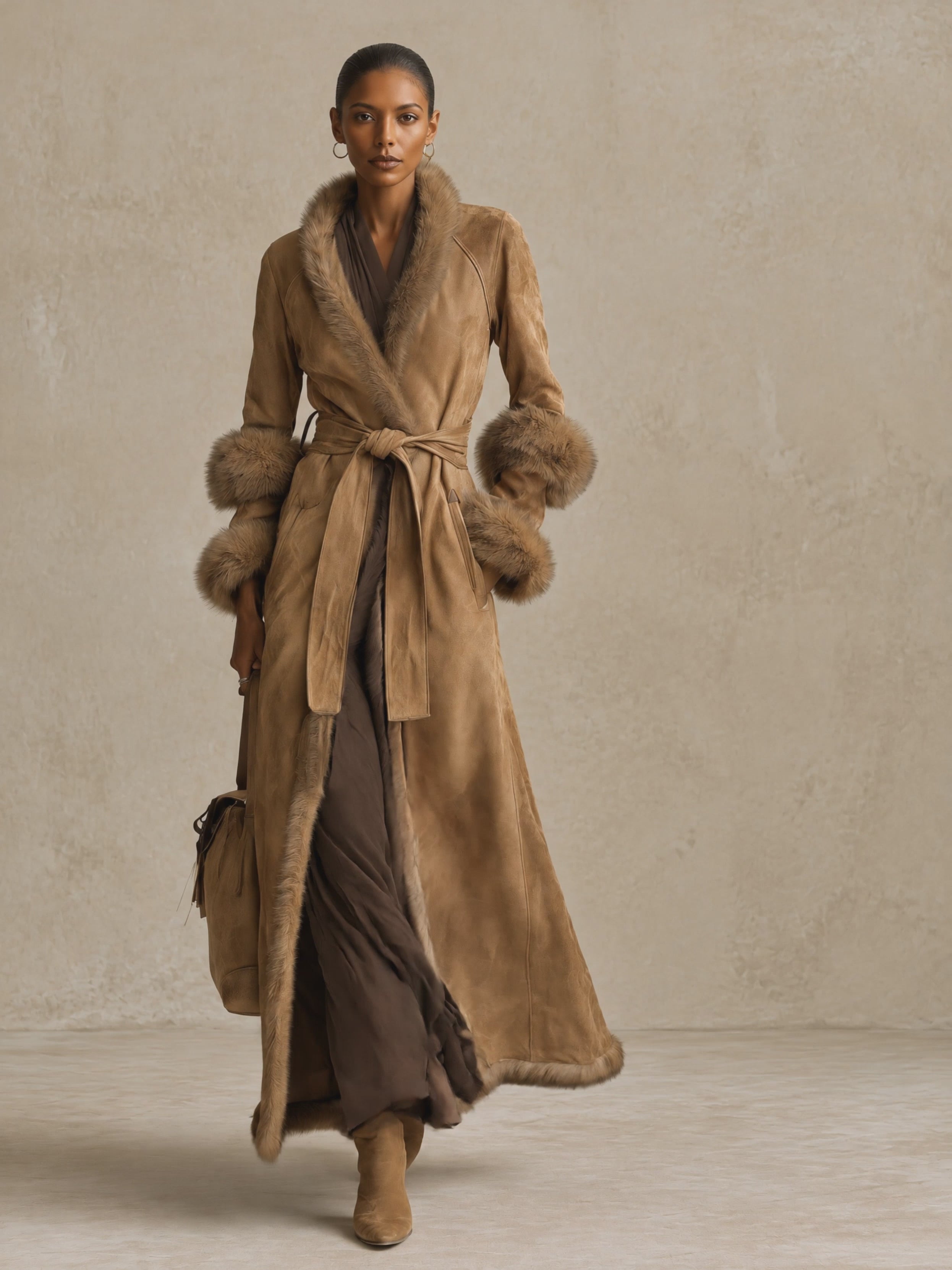 Women's Belted Wrap Maxi Coat with Faux Fur Trim Collar