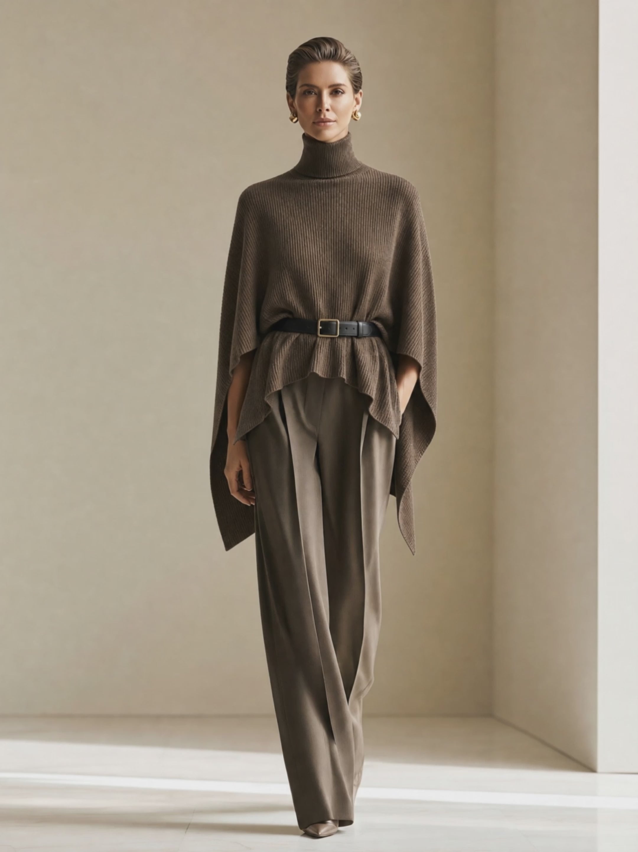 Women's Turtleneck Batwing Knit Taupe Pants Set