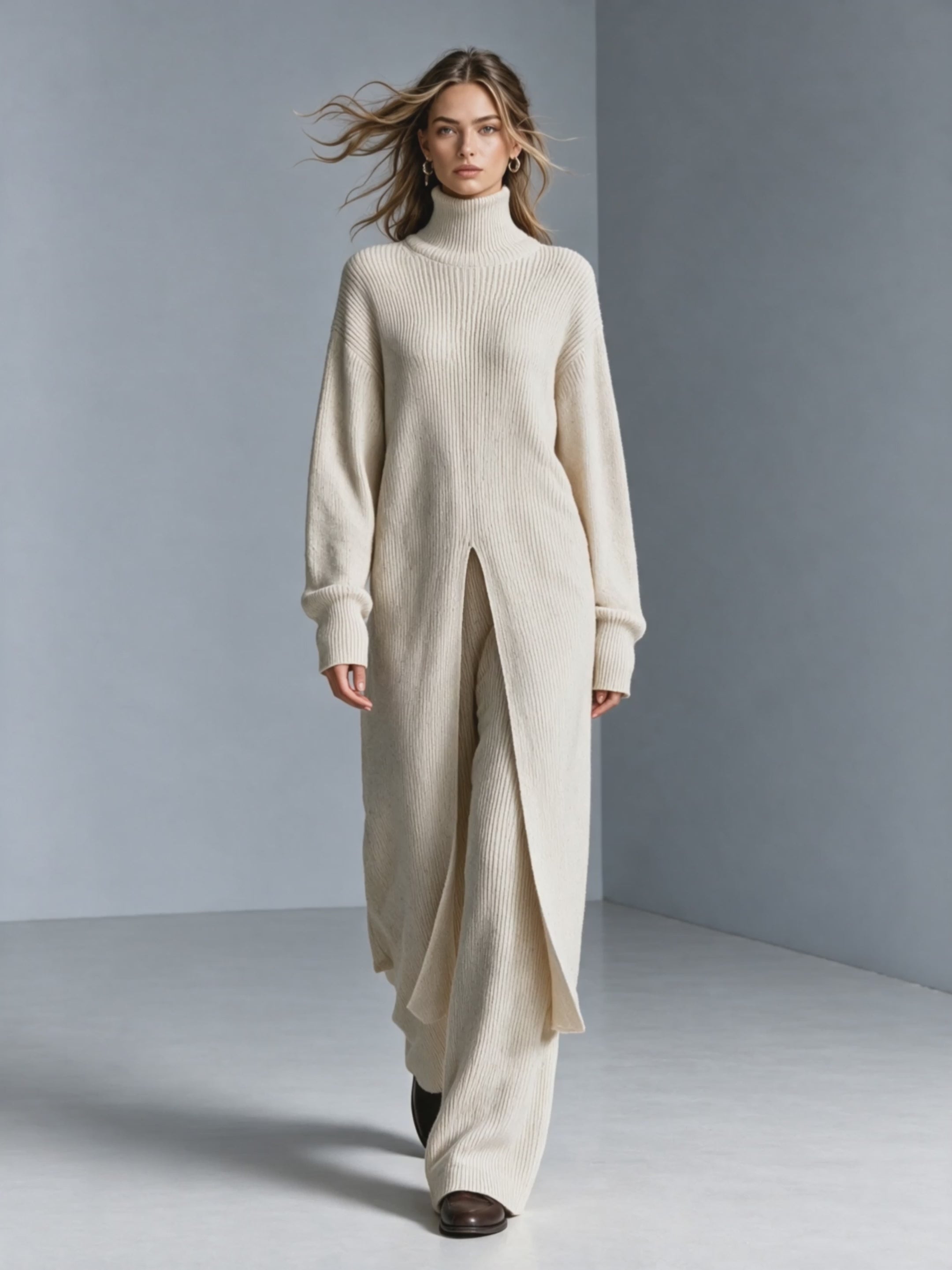 Women's Cream Turtleneck Long Knit Cardigan Set