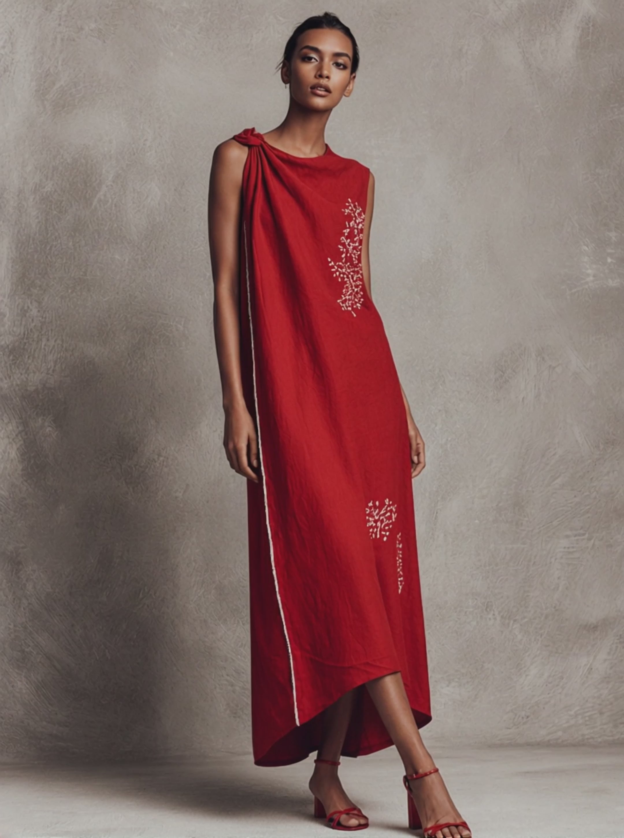 Women's Resort Style Red Cotton Linen Twisted Embroidery White Trim Maxi Dress MDZ0469F7GMJ